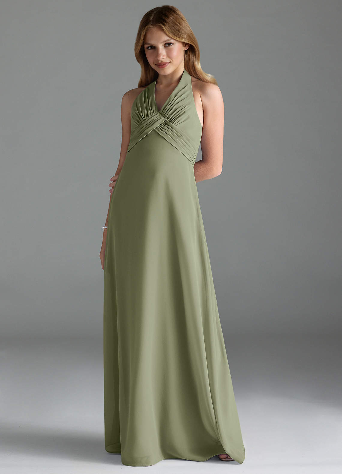 Azazie Tessie Junior Pistachio A-Line Pleated Chiffon Dress image1