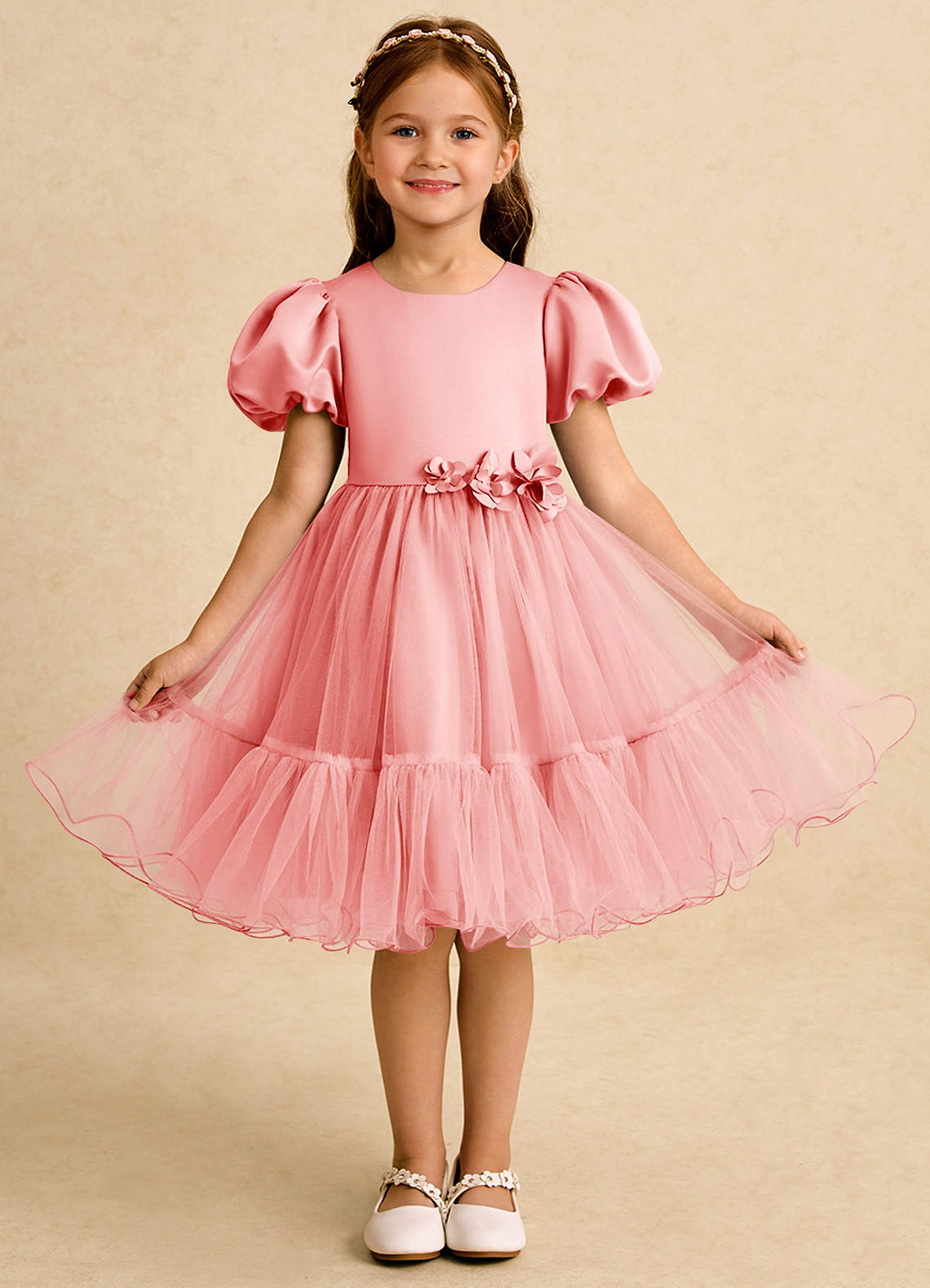 Azazie Cocoa Jurken voor bloemenmeisjes Baljurk Jurk van Tule Geplooid Koraal image1