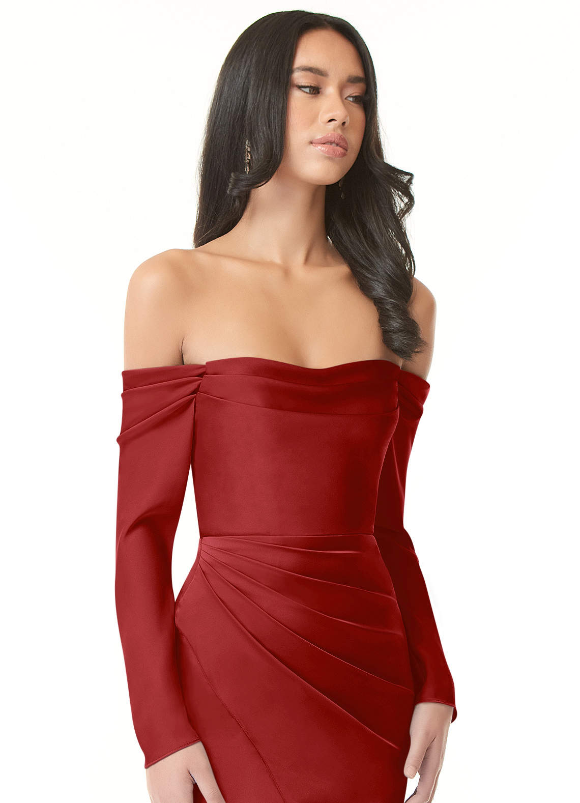 Azazie Hallie Bridesmaid Dresses Pomegranate Sheath Off-The-Shoulder Long Sleeve Stretch Satin Convertible Dress image1