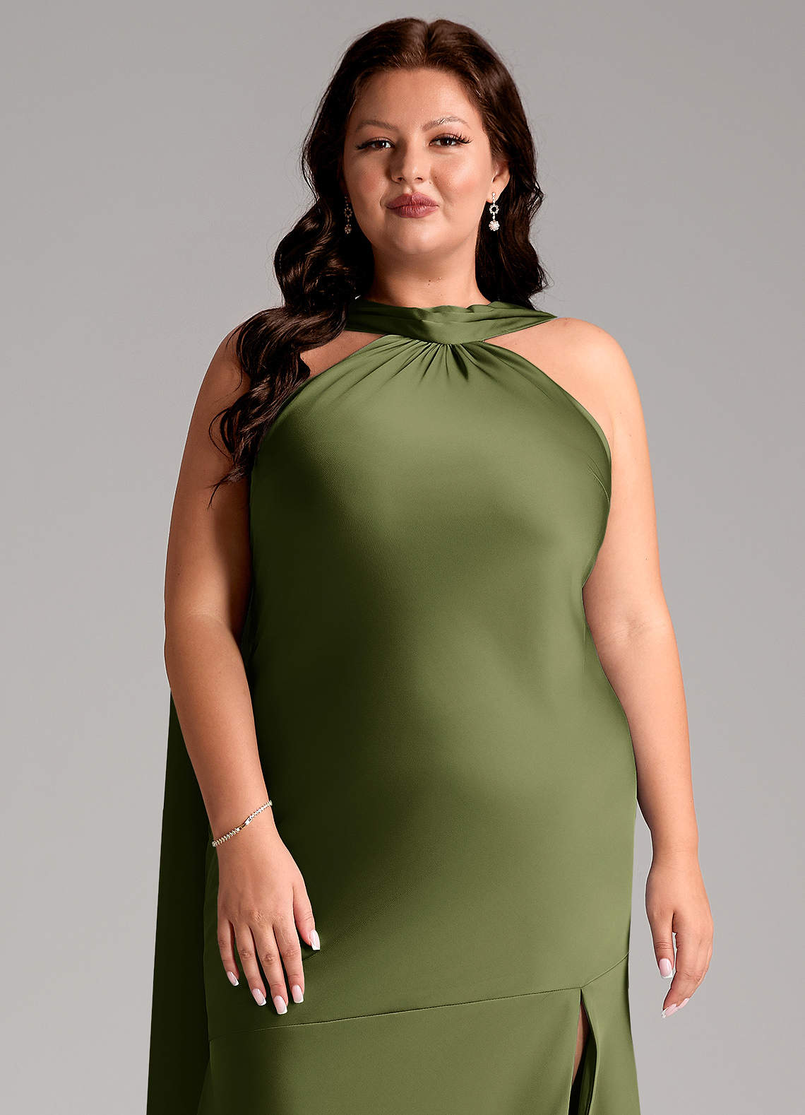 Azazie Kinsley Jurken voor bruidsmeisjes Jurk van Stretch Satijn met Zeemeermin Zijsplit Olijf image11