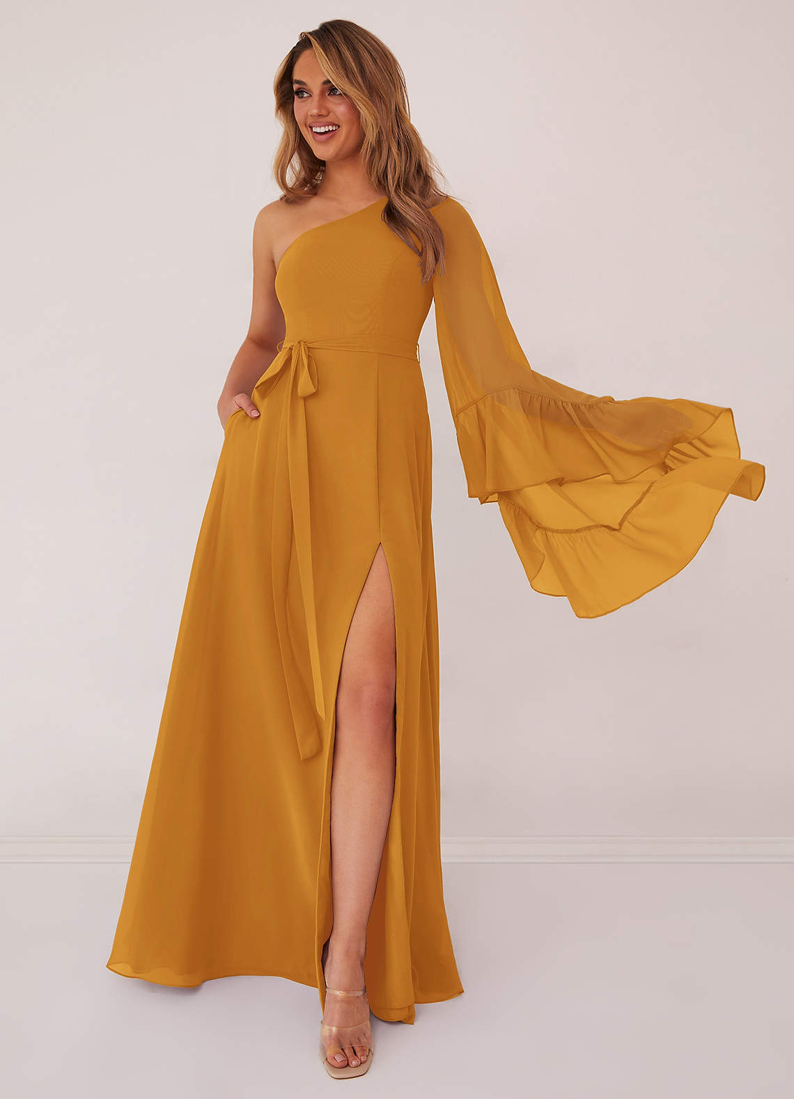 Butterscotch One Shoulder Sleeve Chiffon A-Line Dress Bridesmaid ...