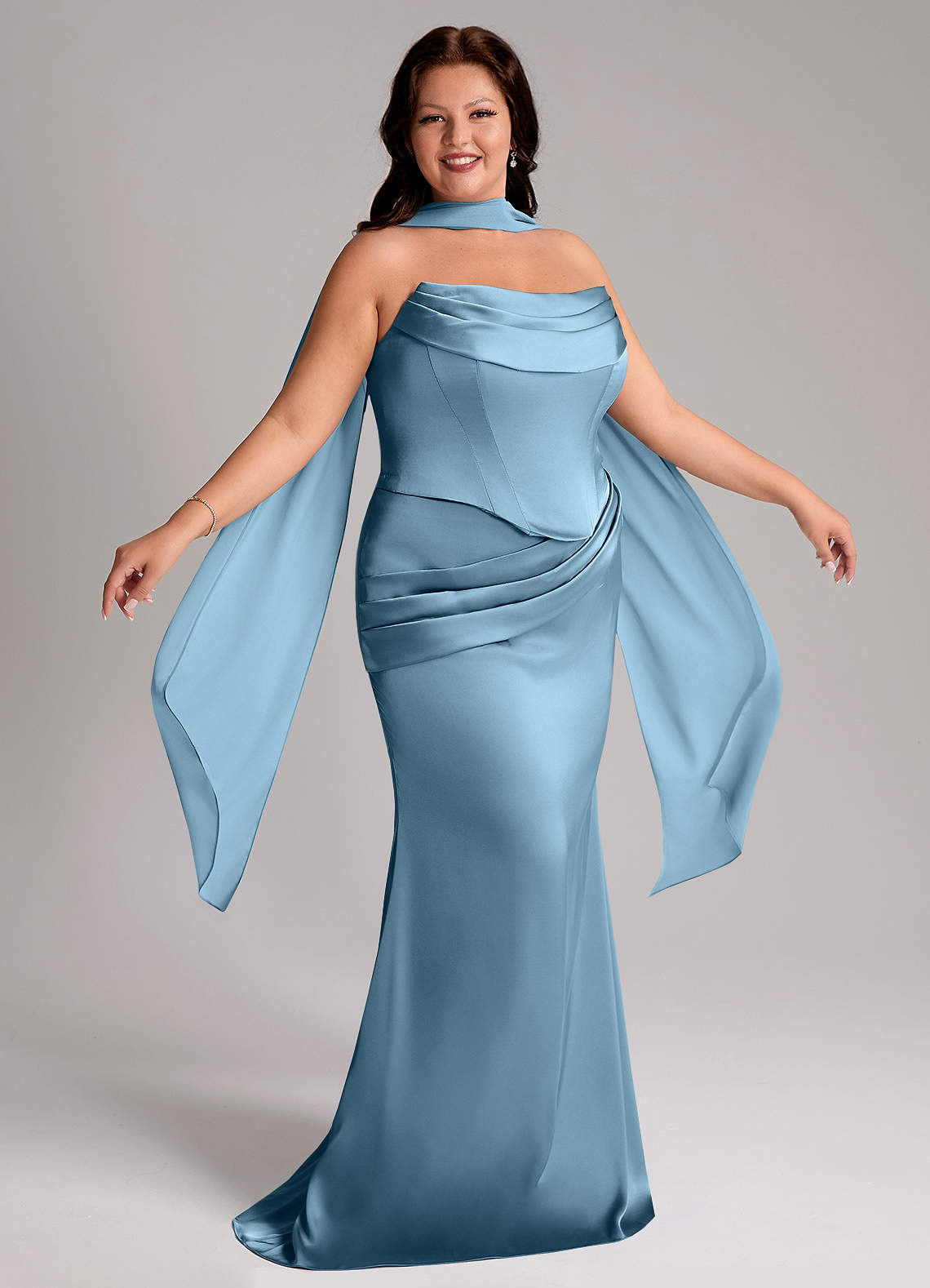 Azazie Sorrel Vestidos de damas de honor Vestido de Azul Acero de Satén Elástico de Corte Sirena Convertible con Sin tirantes image8