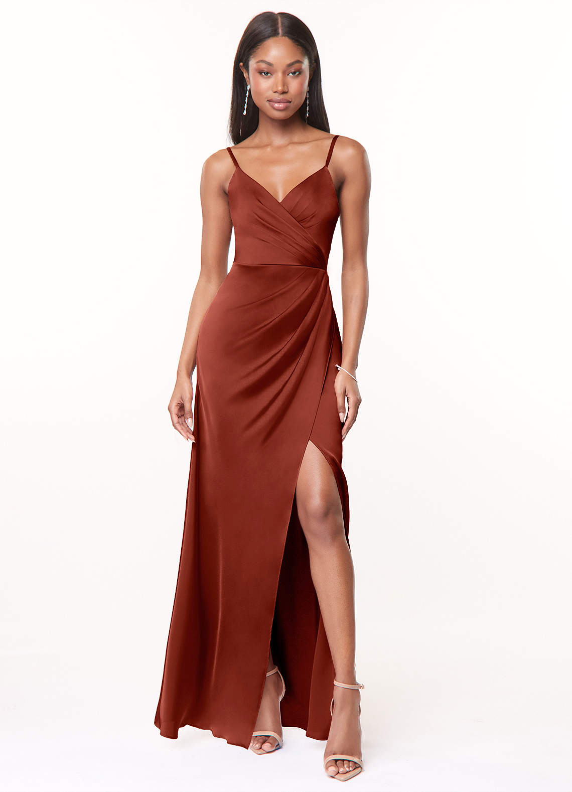 Azazie Maci Bridesmaid Dresses Terracotta A-Line V-Neck Pleated Stretch Satin Dress image1