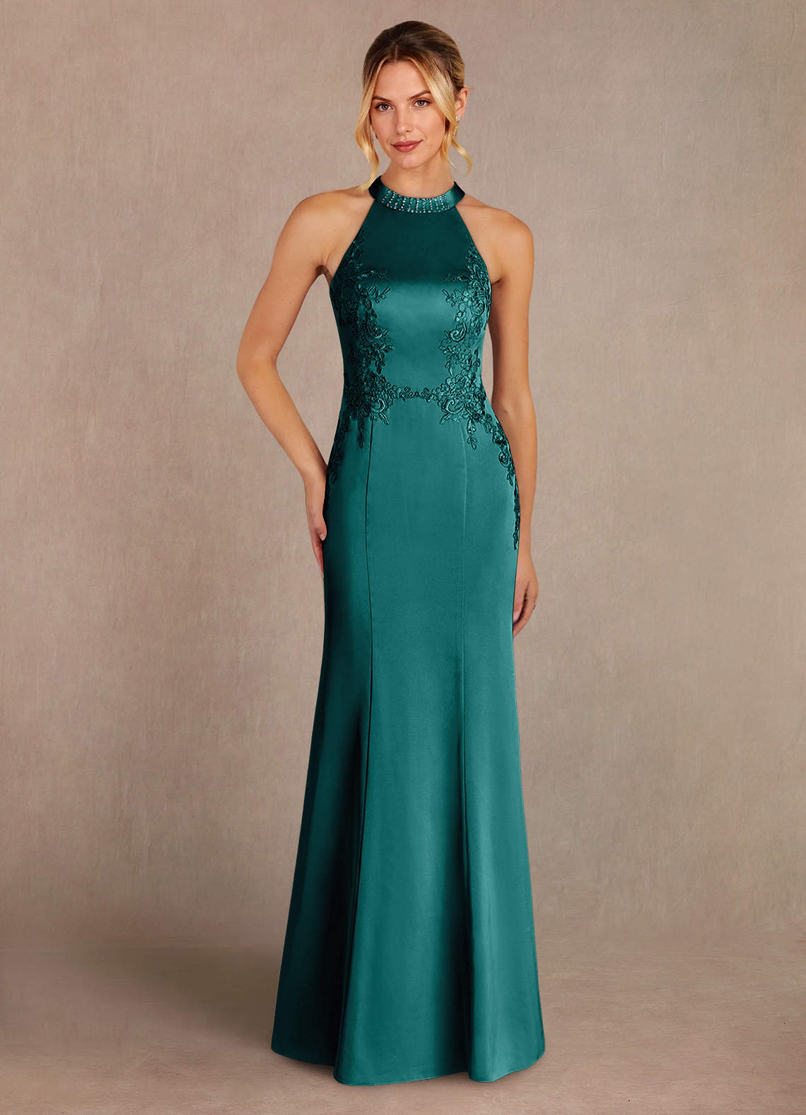 Azazie Tyra vestidos de madre de la novia Vestido de Pavo Real de Satén Elástico de Sirena con Encaje image1