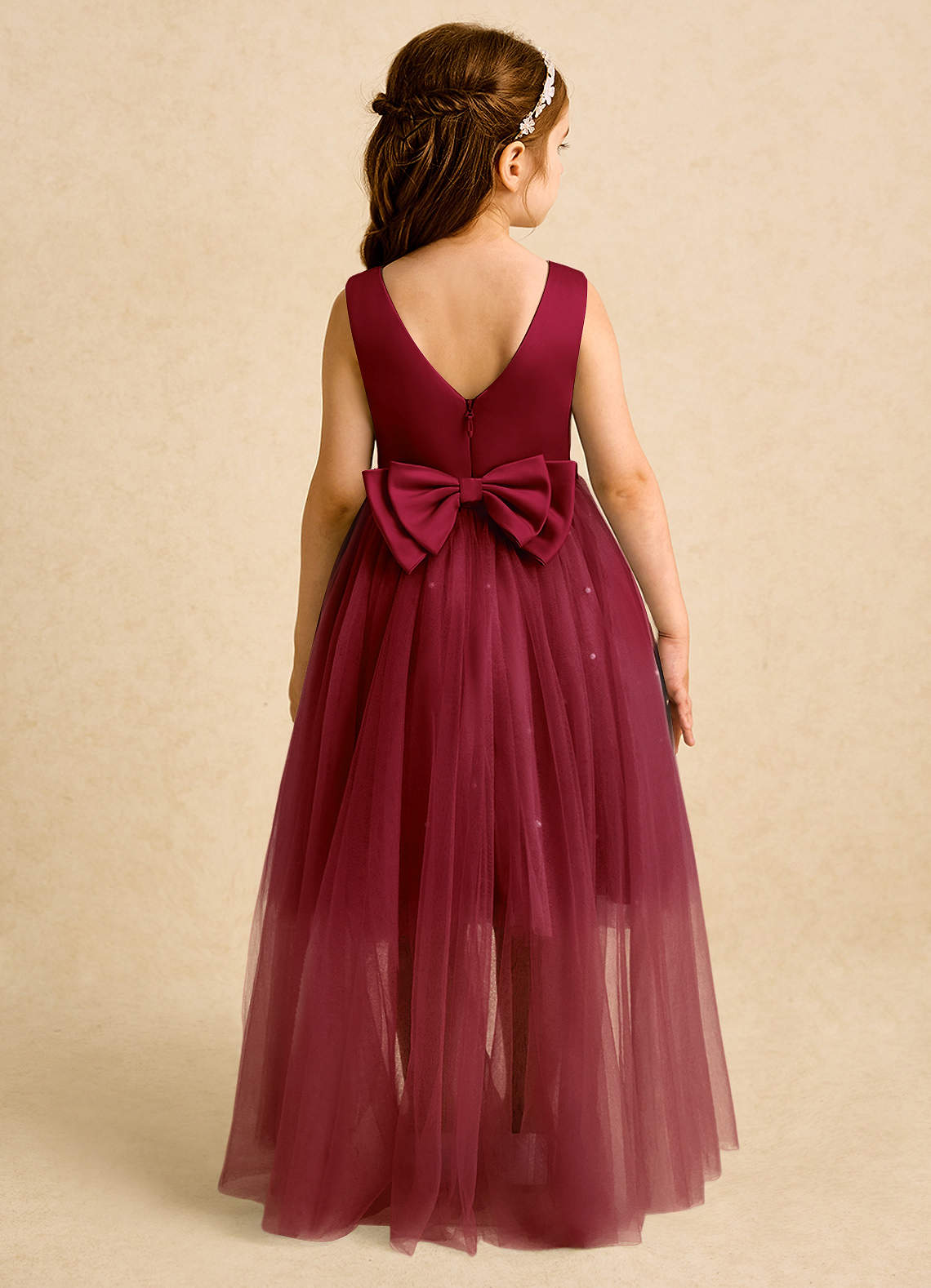 Azazie Bell Jurken voor bloemenmeisjes Baljurk Jurk van Tule Boog Bourgondië image1