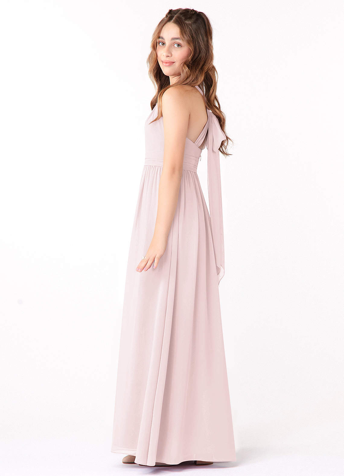 Azazie Jaylah Junior Blushing Pink A-Line Ruched Chiffon Dress image1