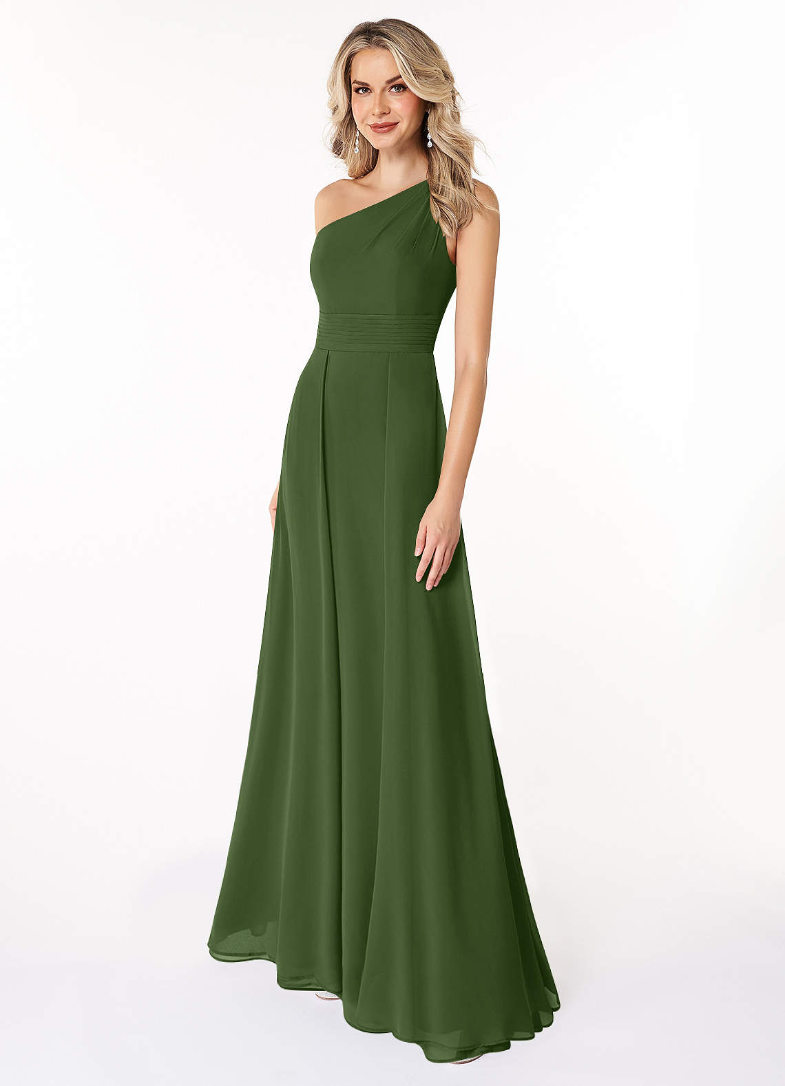 Azazie Dallas Vestidos de damas de honor Vestido de Oliva de Gasa de Corte en A con Hombro unilateral image1