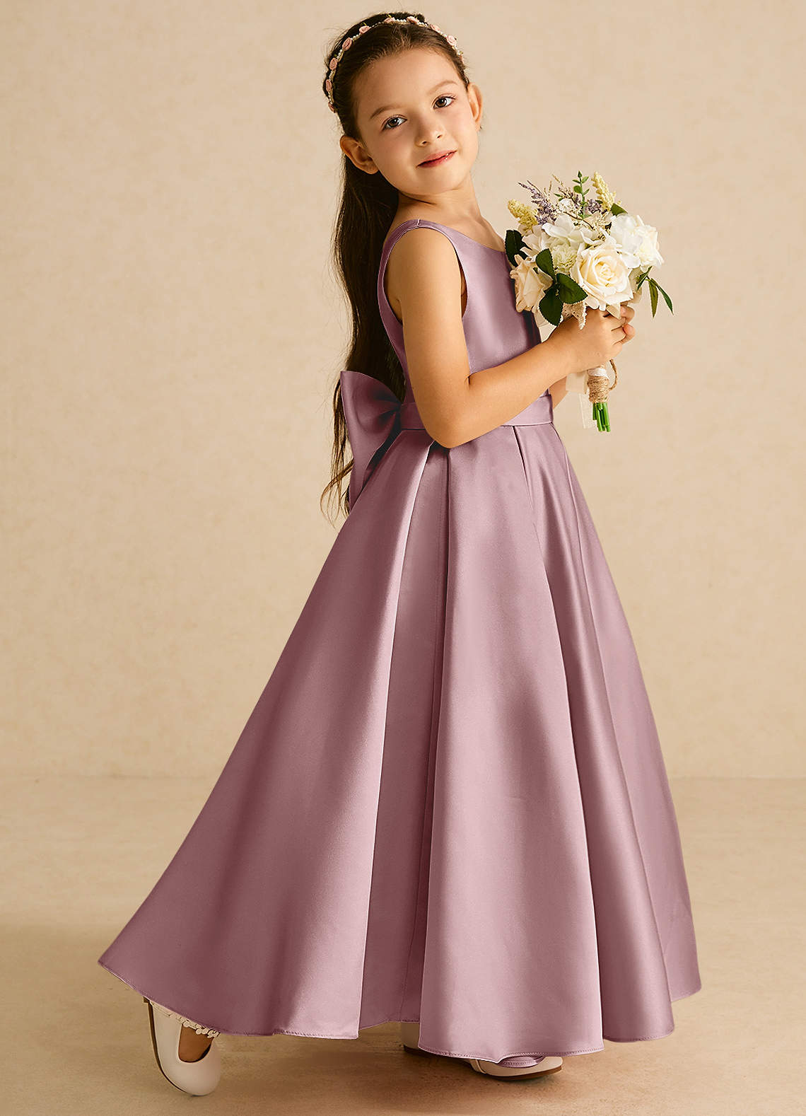 Azazie Pipsy Flower Girl Dresses Dusty Rose A-Line Bow Matte Satin Dress image2