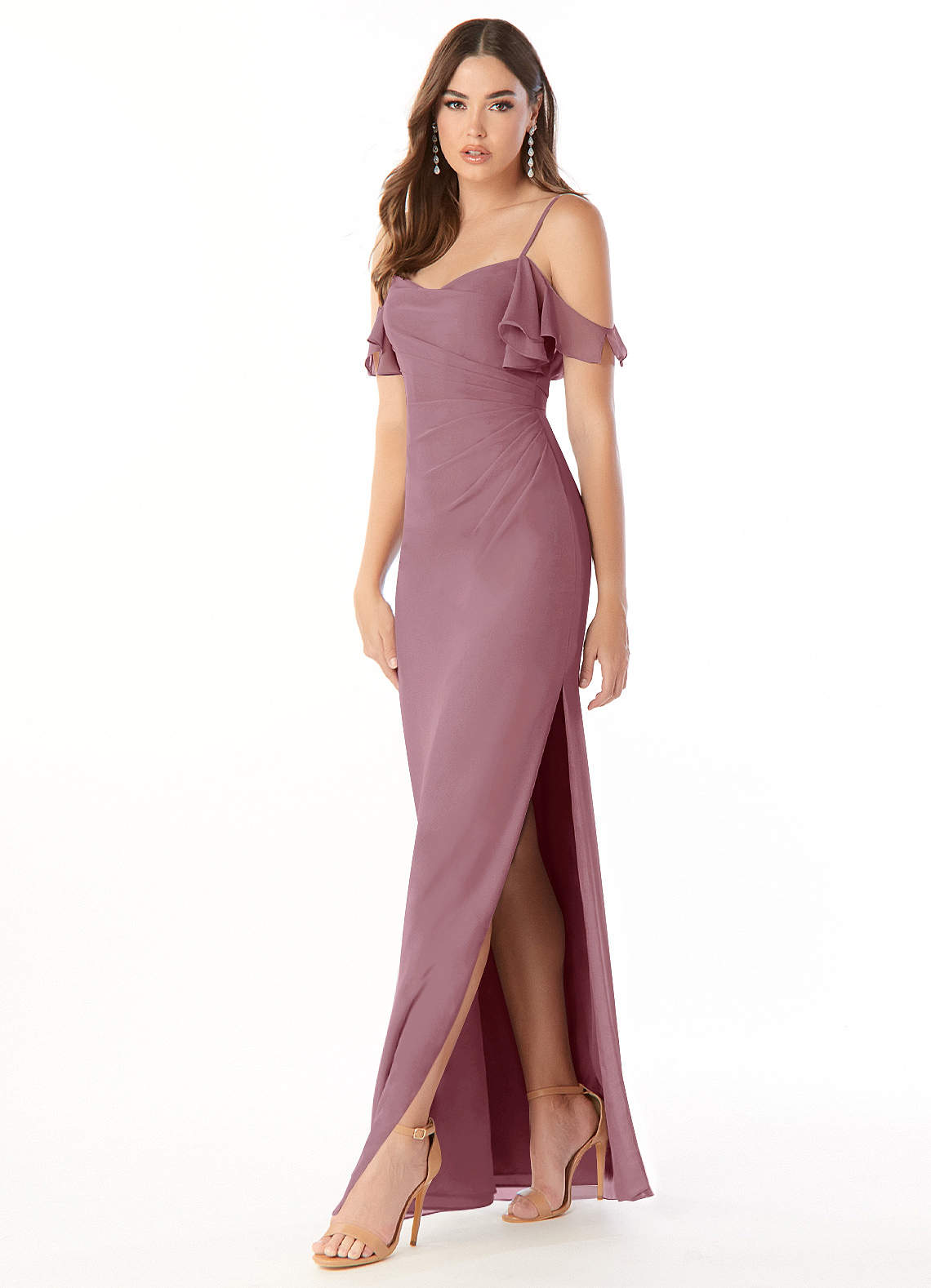 Azazie Emeralda Bridesmaid Dresses Vintage Mauve Sheath Off the Shoulder Chiffon Dress image1