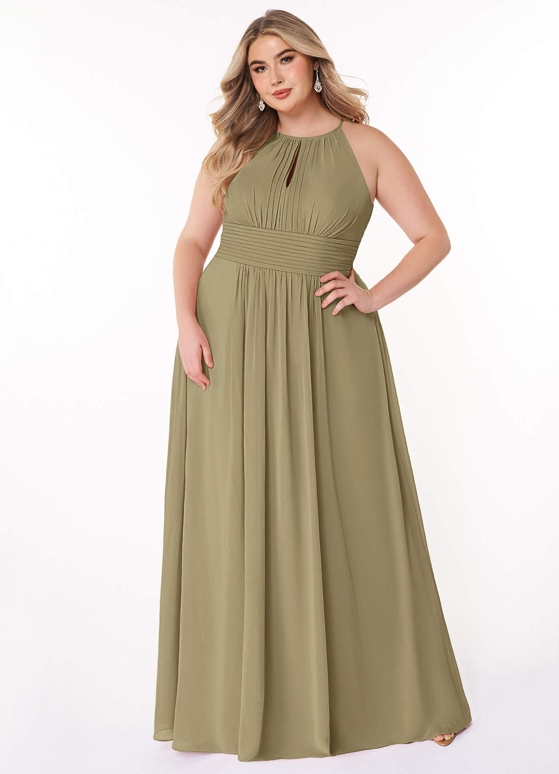 Azazie Bonnie Brautjungfernkleider A-Linie Schlüsselloch Gerüscht Chiffon Kleid Moosgrün image1