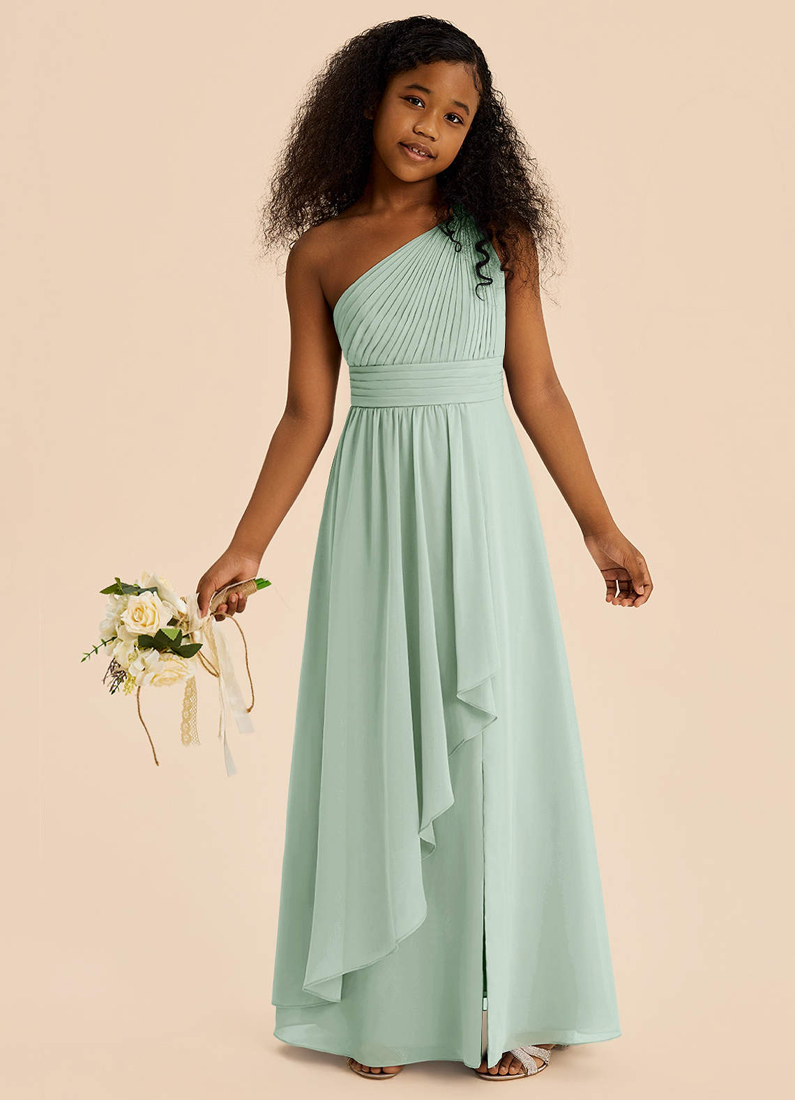 Azazie Skye Junior Abito A-Line in Chiffon Plissettato Agave image1