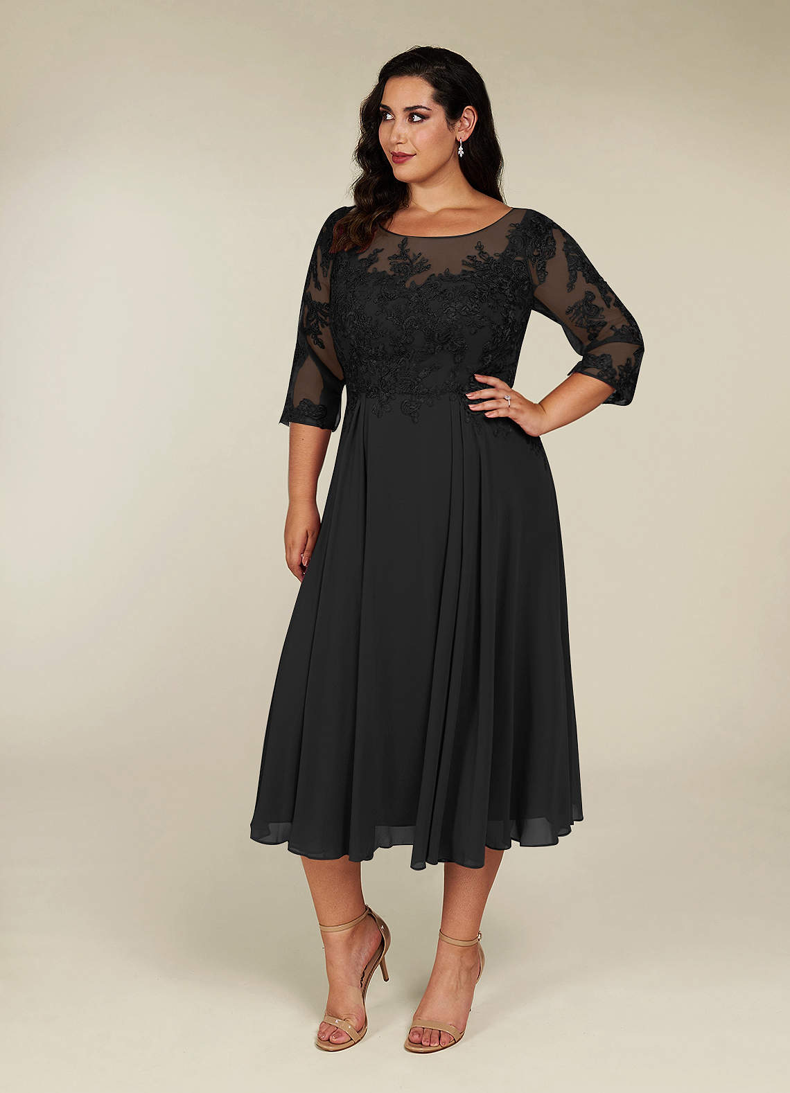 Plus Size Black Lace Tea Length Dress