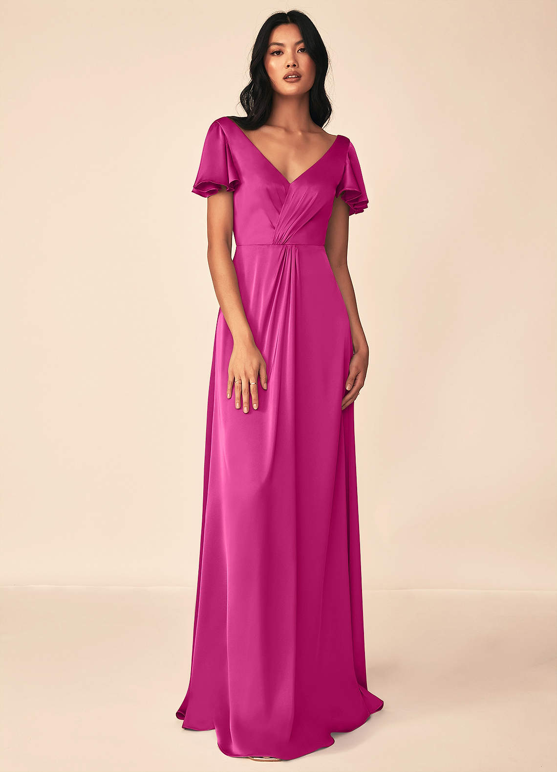 Azazie Soren Bridesmaid Dresses Fuchsia A-Line Pleated Stretch Satin Dress image1