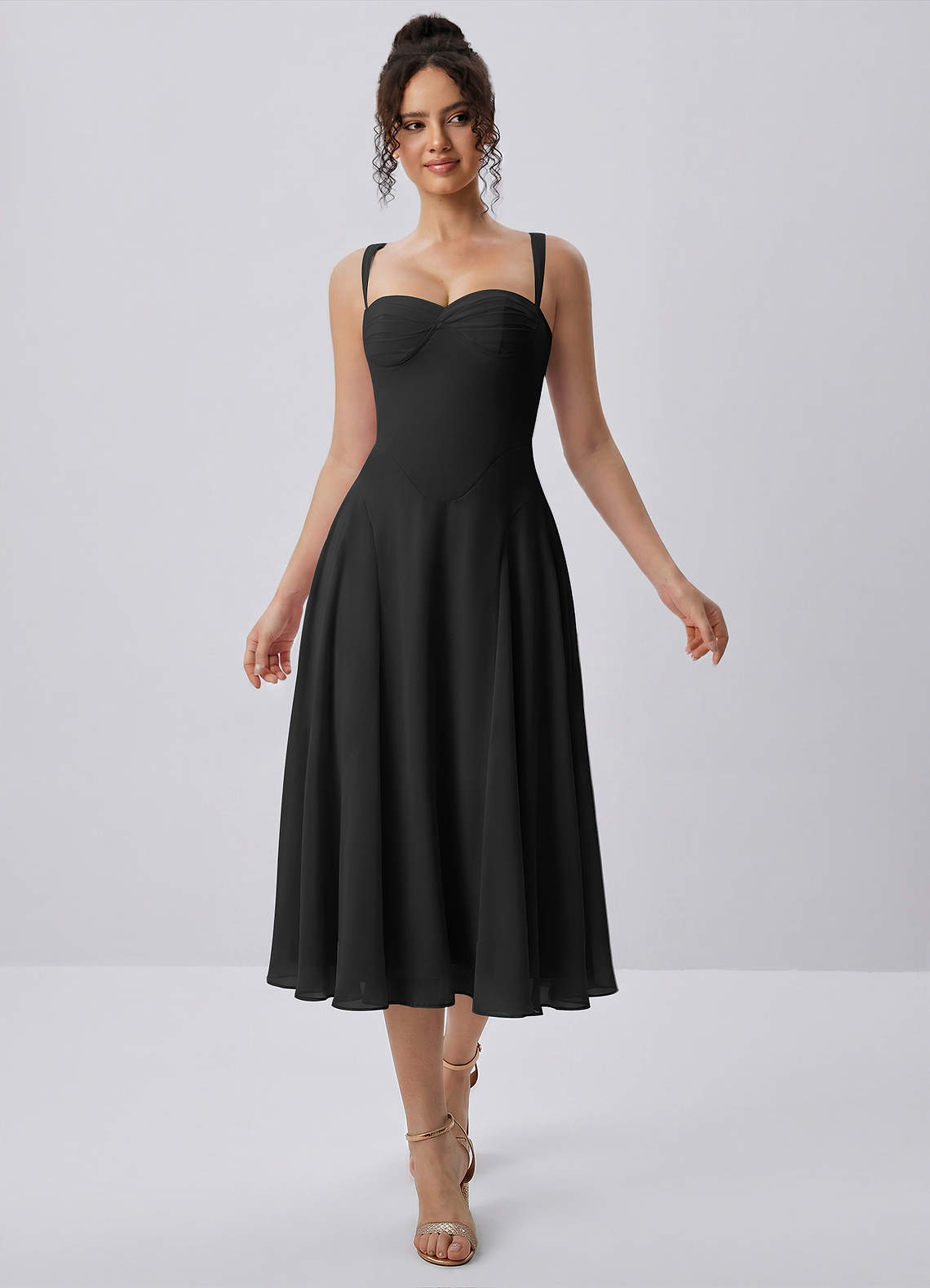 Huguette Black Sweetheart Lace-Up Chiffon Midi Dress
