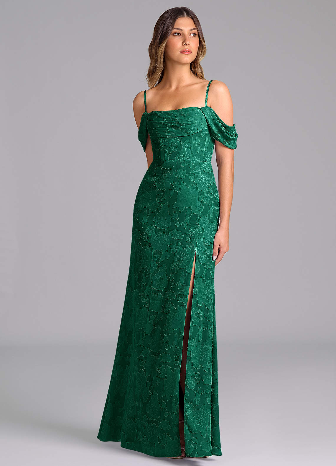 Azazie Saige Bridesmaid Dresses Emerald A-Line Off the Shoulder Floral Burnout Convertible Dress image4