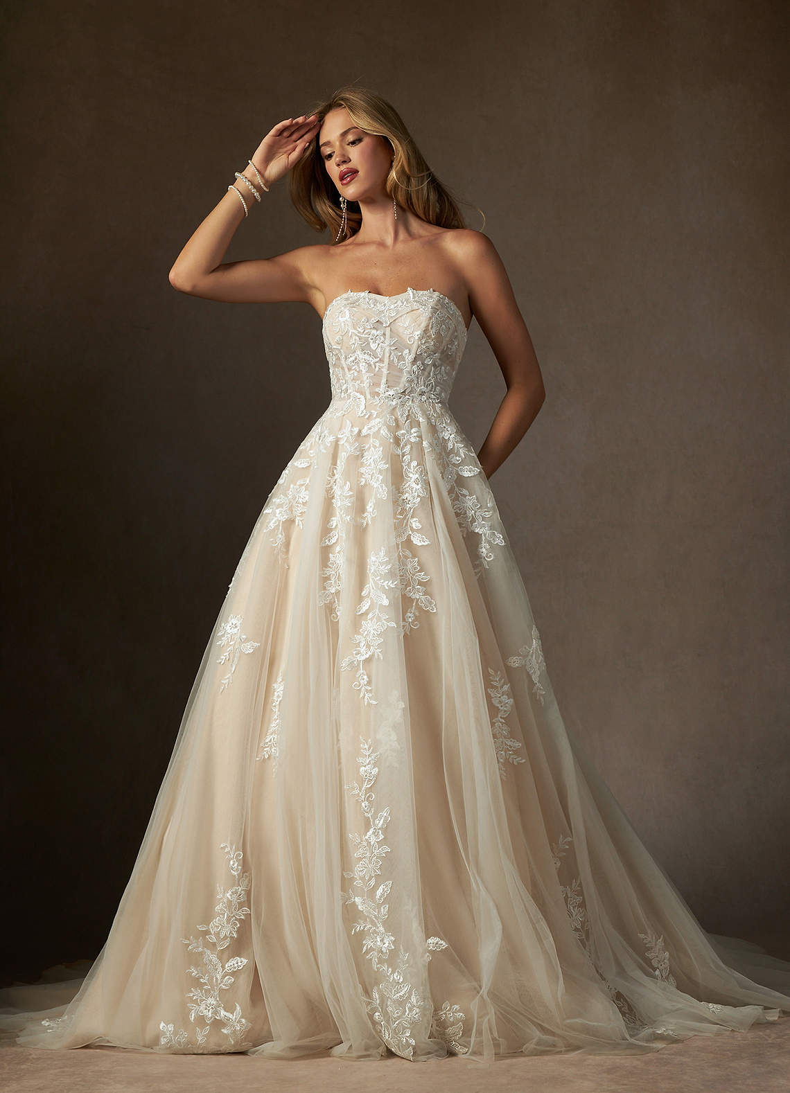 Azazie Keri Wedding Dresses Diamond White Nude Ball-Gown Strapless Lace Dress image1