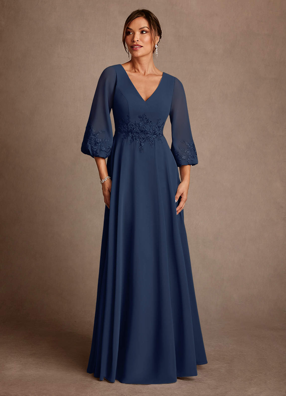 Azazie Yorba Mother of the Bride Dresses Dark Navy A-Line Lace Chiffon Dress image1