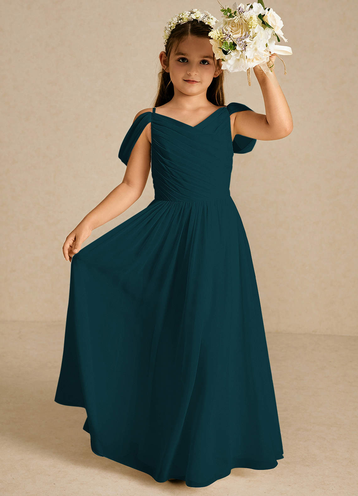 Azazie Chelle Flower Girl Dresses Pine A-Line Pleated Chiffon Dress image1