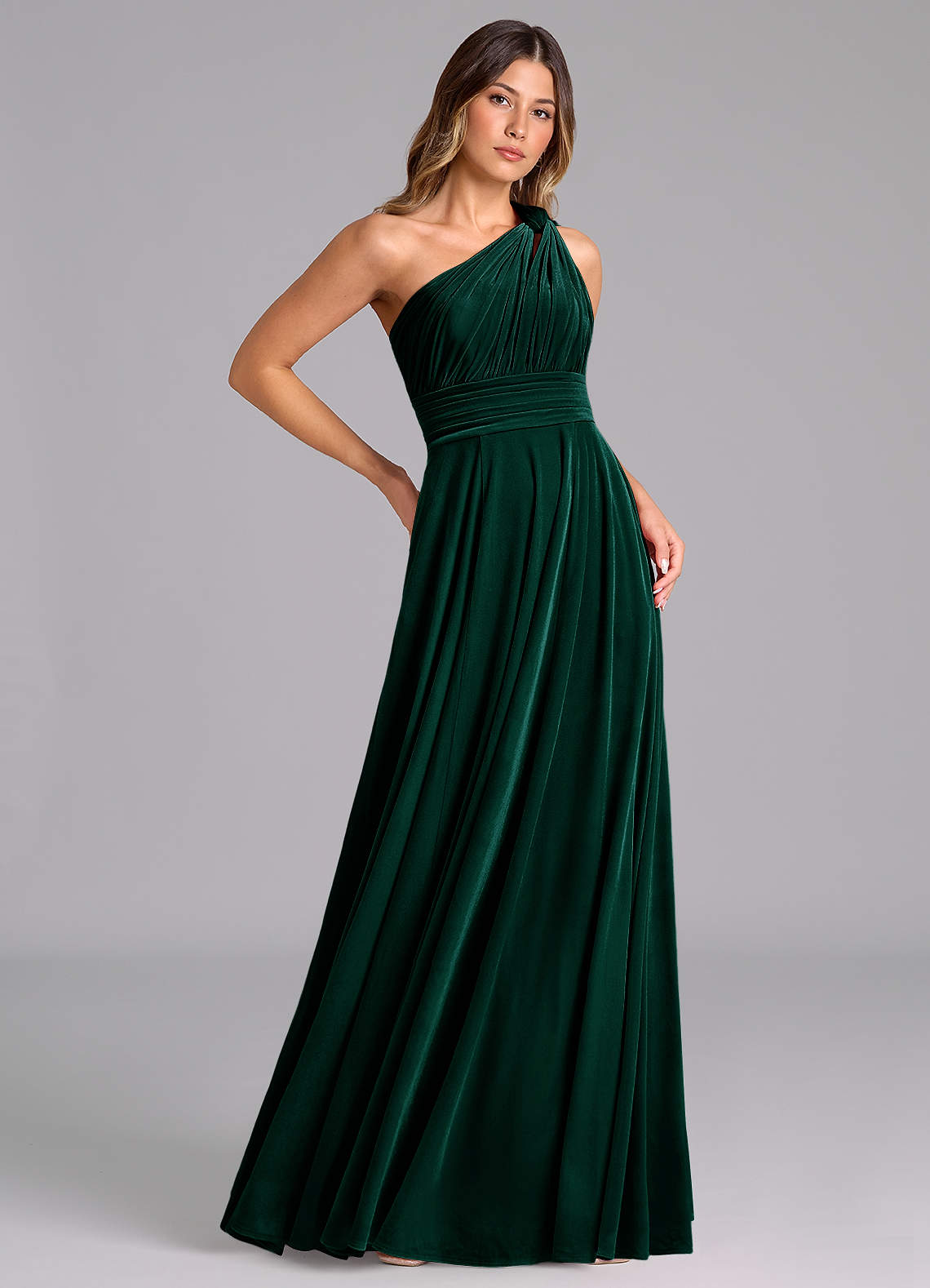Azazie Charlize Bridesmaid Dresses Emerald A-Line One Shoulder Velvet Dress image3