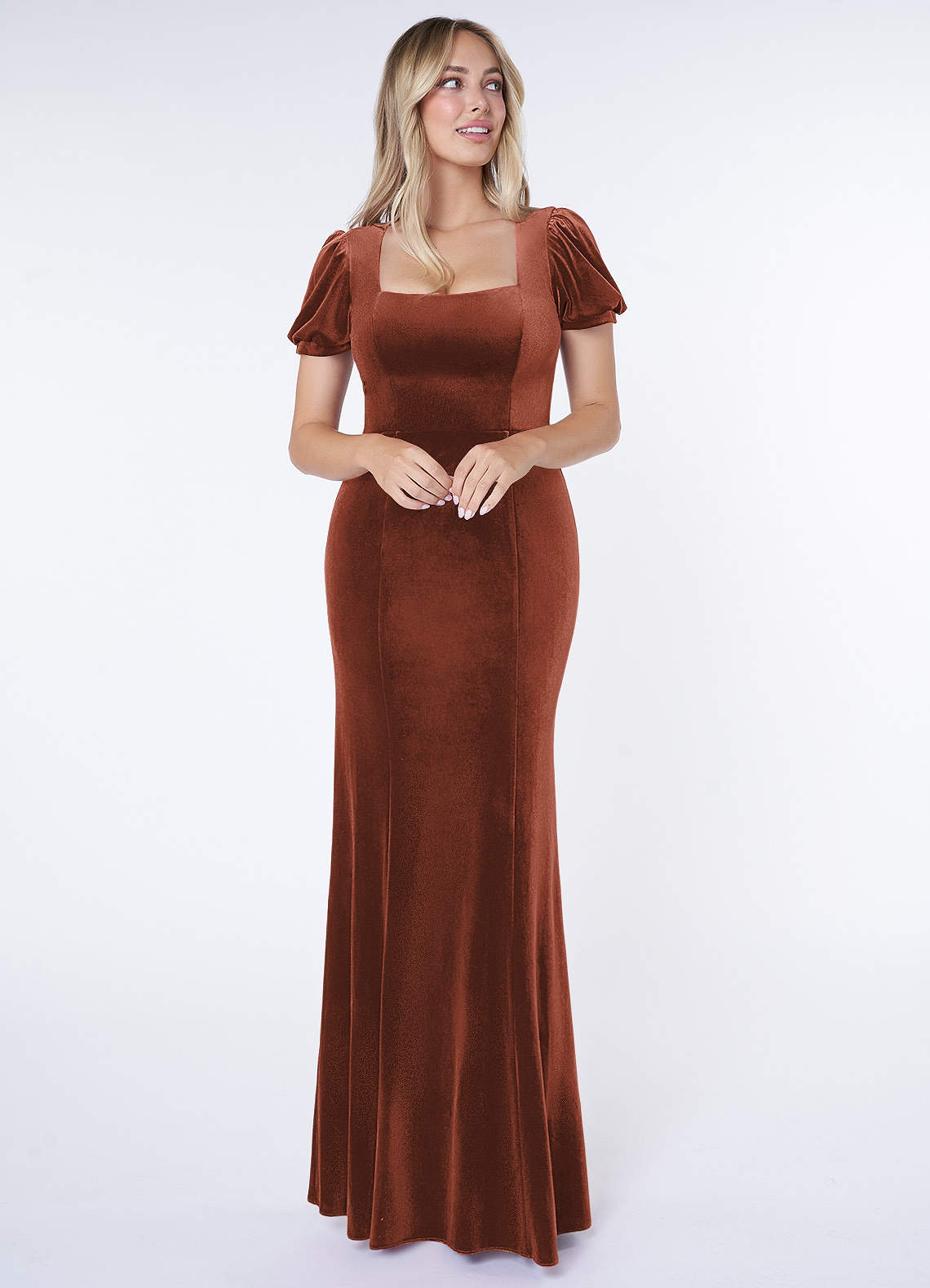 Azazie Lizabet Vente Finale Robe Fourreau en velours Col Carré Terracotta image1