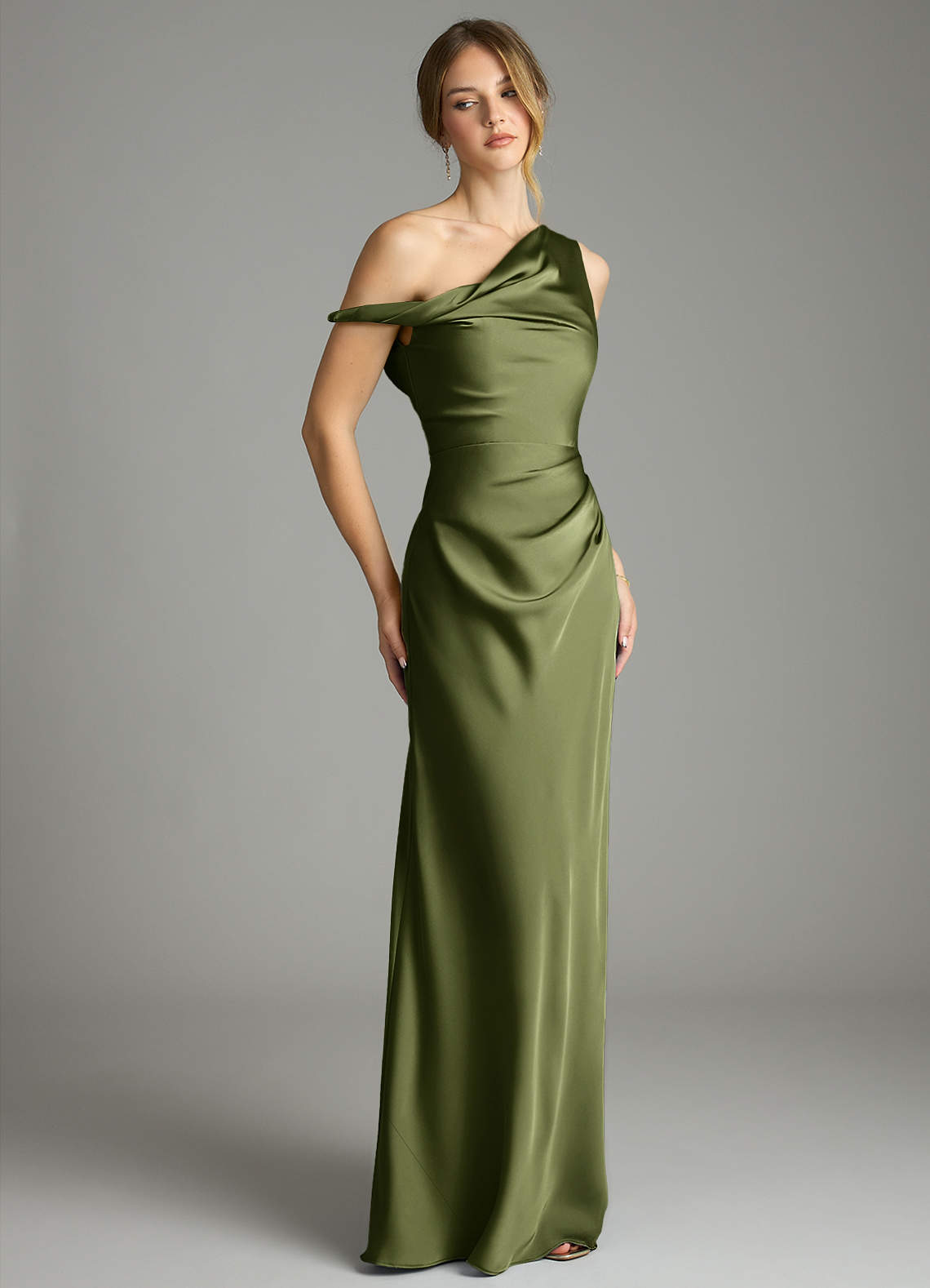 Azazie Emerson Bridesmaid Dresses Olive Mermaid Off the Shoulder Stretch Satin Dress image4