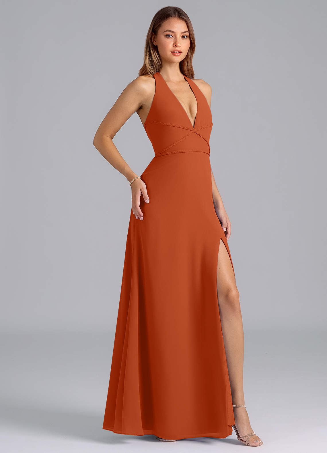 Azazie Odie Robes de demoiselle d'honneur Robe Trapèze en Mousseline de soie Orange Brûlée image1