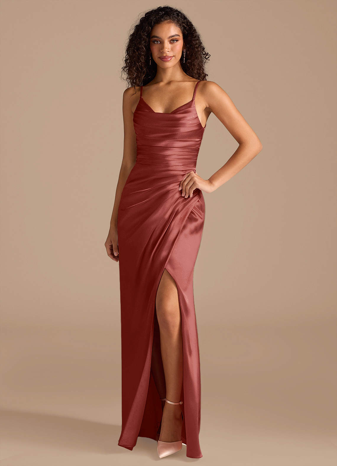 Azazie Deandra Bridesmaid Dresses Terracotta Mermaid Pleated Metallic Satin Dress image1