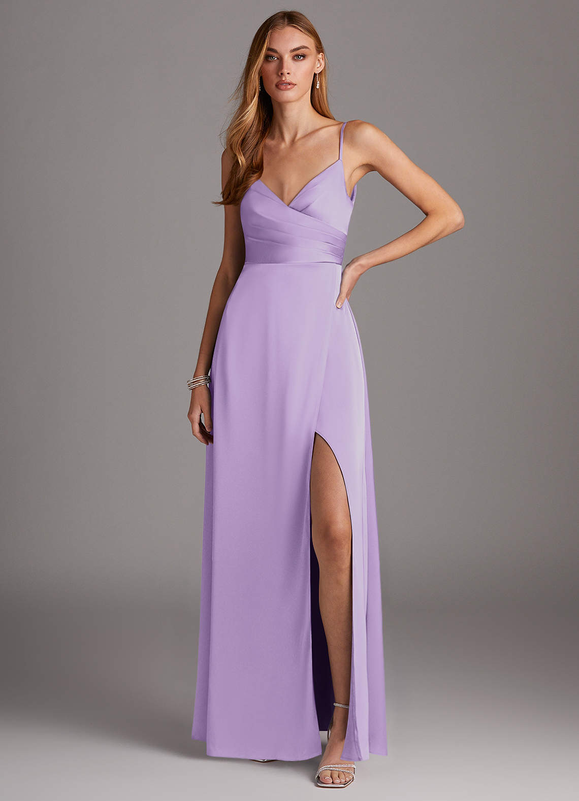 Azazie Calissa Bridesmaid Dresses Lilac A-Line V-Neck Pleated Stretch Satin Dress image1