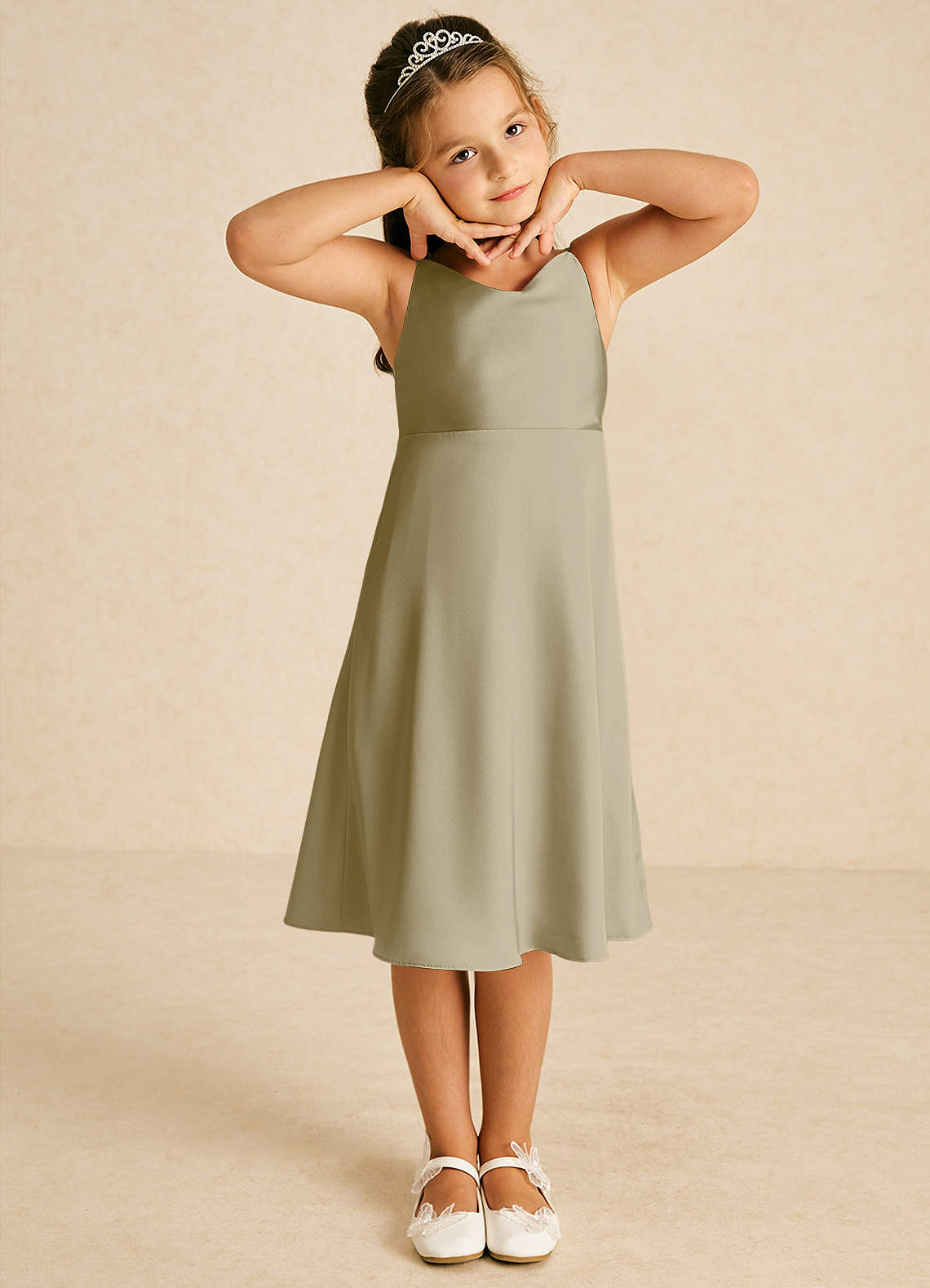 Azazie Zuzu Flower Girl Dresses Moss Green A-Line Spaghetti Strap Stretch Satin Dress image1