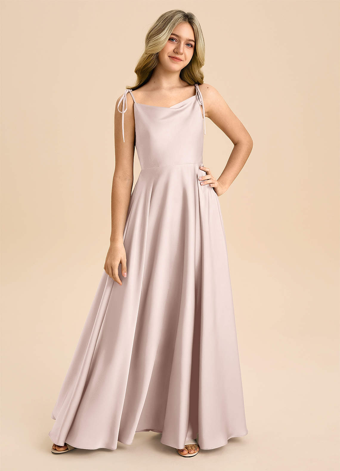 Azazie Popsy Junior Linia A Ukłon Satyna elastyczna Długość podłogi Młodsza druhna Sukienka image7