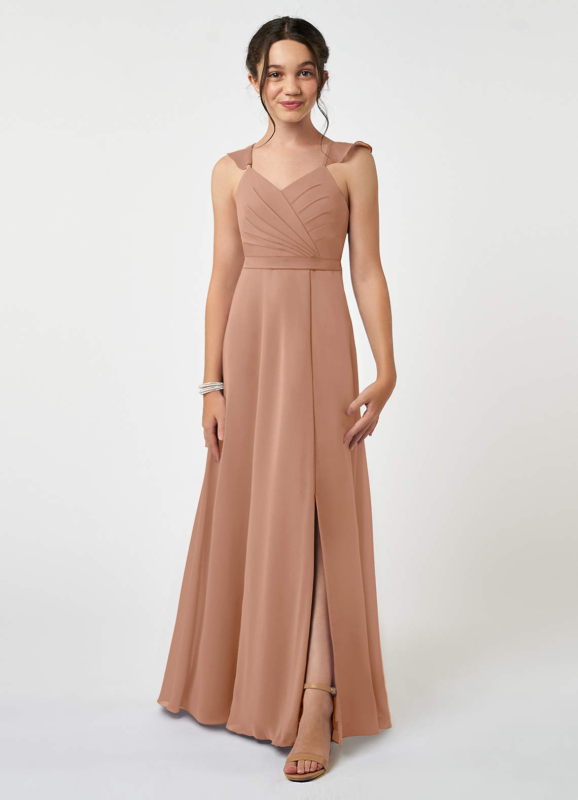 Azazie Emily Junior Robe Trapèze en Mousseline de soie Rayé Champagne Rosé image1