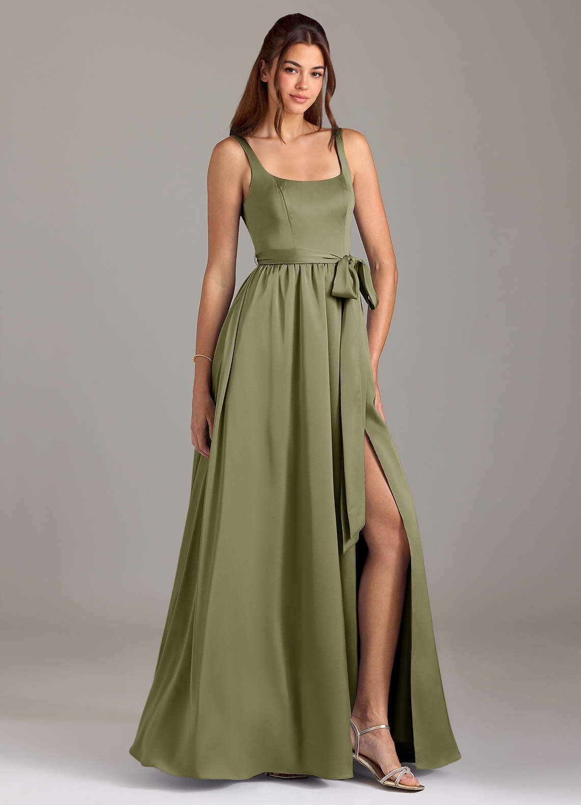 Azazie Elliott Vestidos de damas de honor Vestido de Pistacho de Satén Elástico de Corte en A con Con bolsillos image1