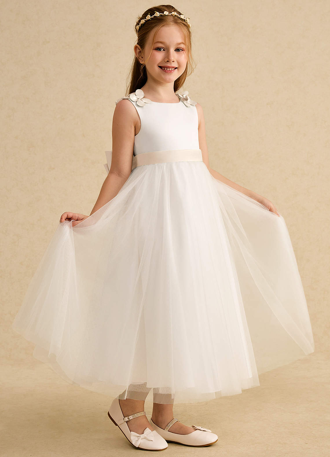 Azazie Lilli Flower Girl Dresses Ivory White Alabaster A-Line Bow Tulle Dress image1