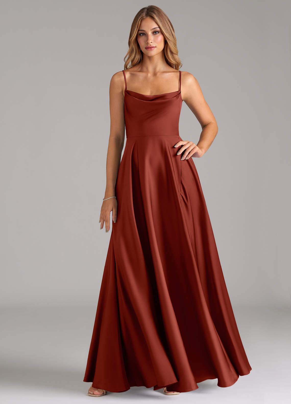 Azazie Elle Brautjungfernkleider A-Linie Plissee Stretch-Satin Kleid Terrakotta image1