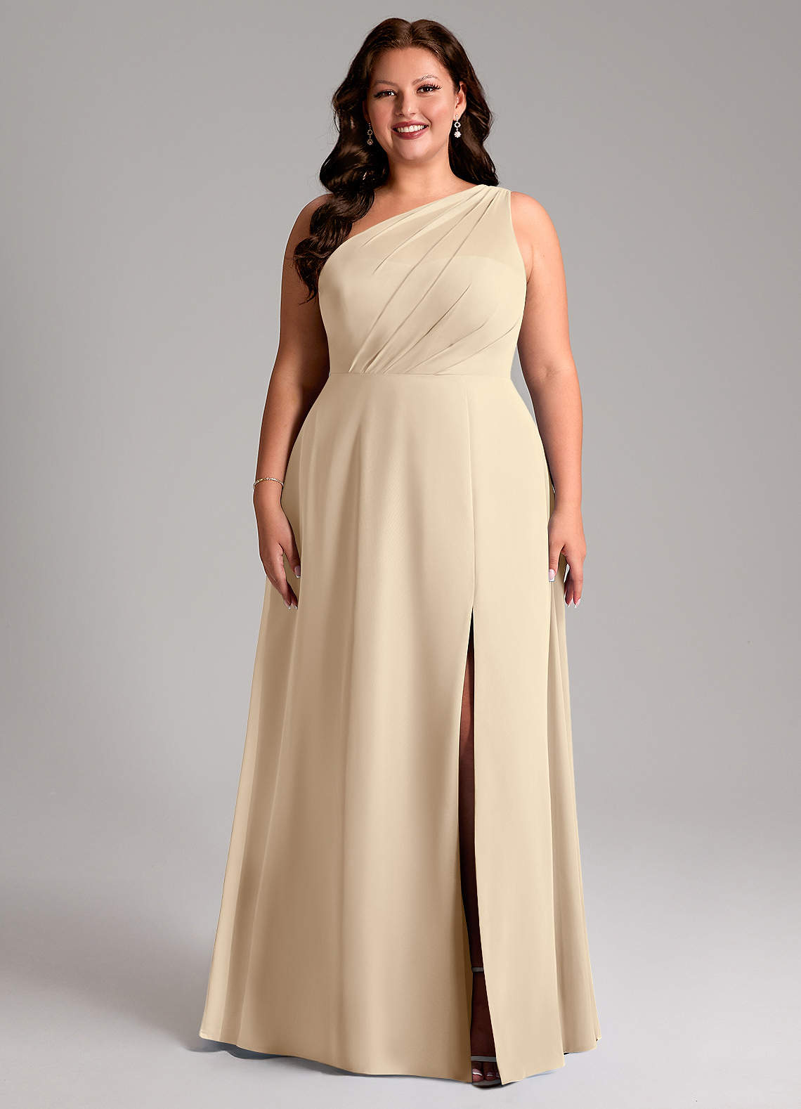 Azazie Phaedra Abiti da Damigella Abito A-Line in Chiffon Monospalla Champagne image1