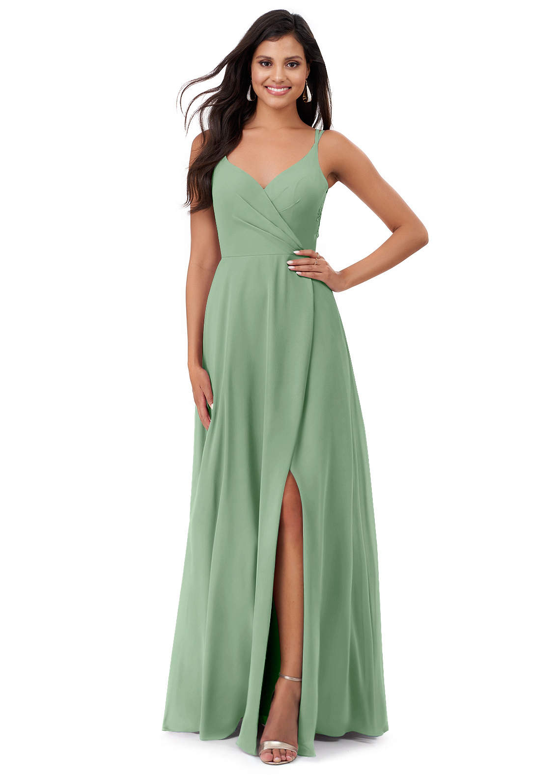 Azazie Lennon Bridesmaid Dresses Matcha A-Line Lace Chiffon Dress image1