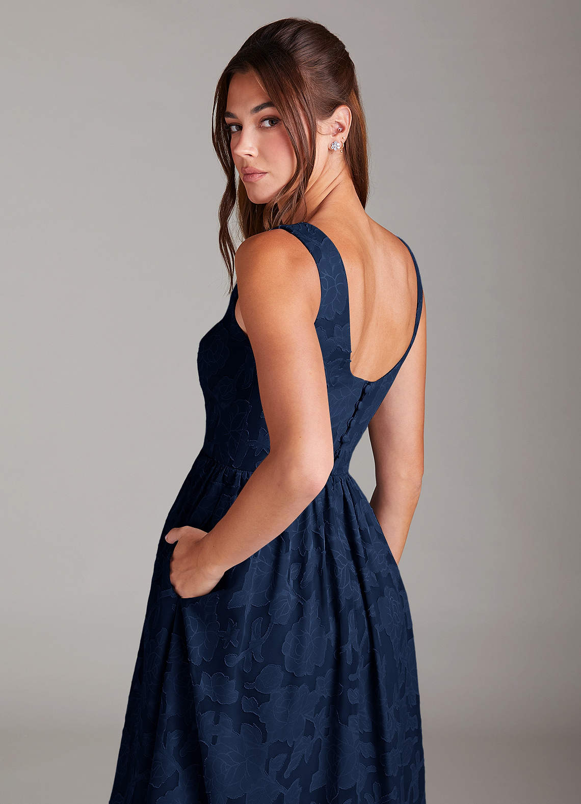Azazie Alissa Brautjungfernkleider A-Linie mit Taschen Blumen-Burnout Kleid Dunkelmarine image1