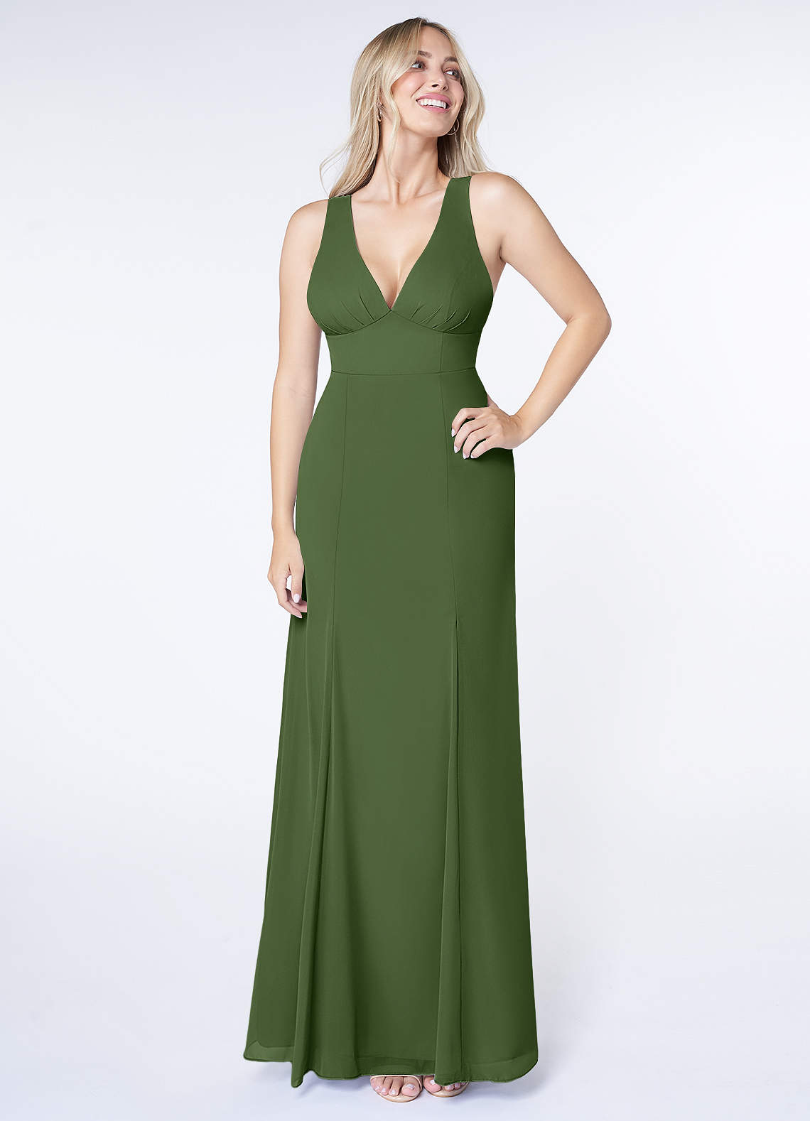 Azazie Christiana Bridesmaid Dresses Olive A-Line V-Neck Pleated Chiffon Dress image1