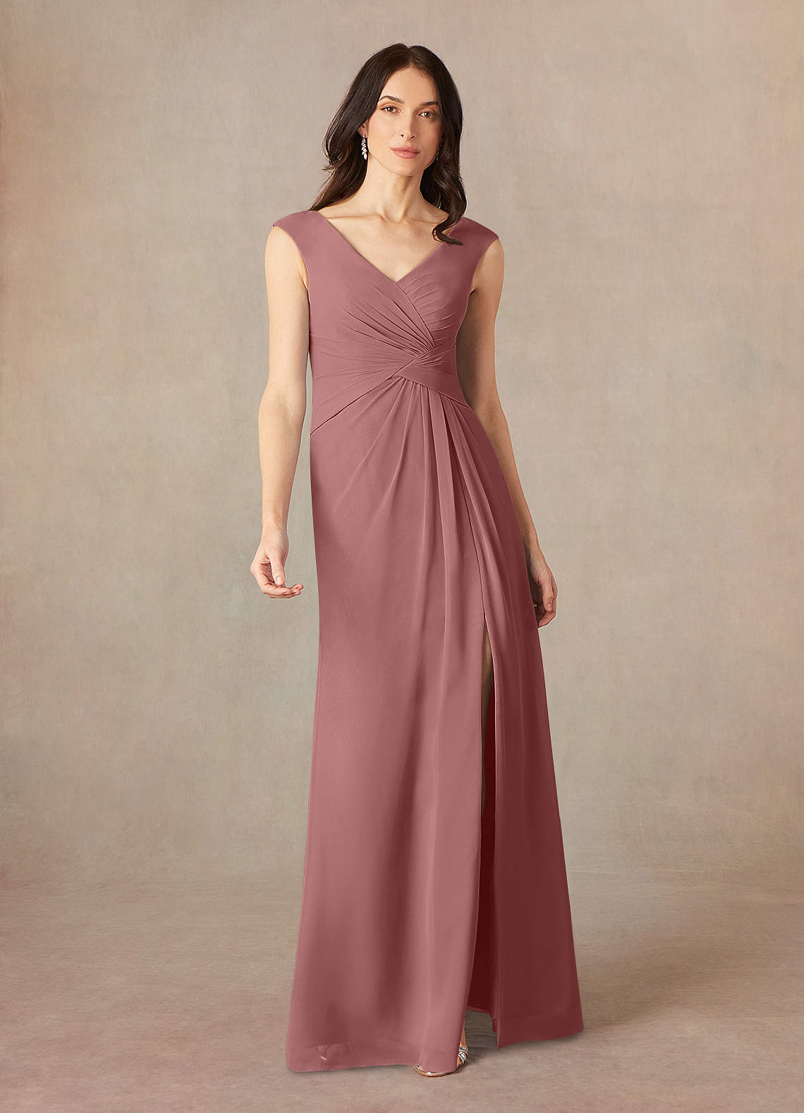 Azazie Sally Mother of the Bride Dresses Desert Rose A-Line V-Neck Pleated Chiffon Dress image1