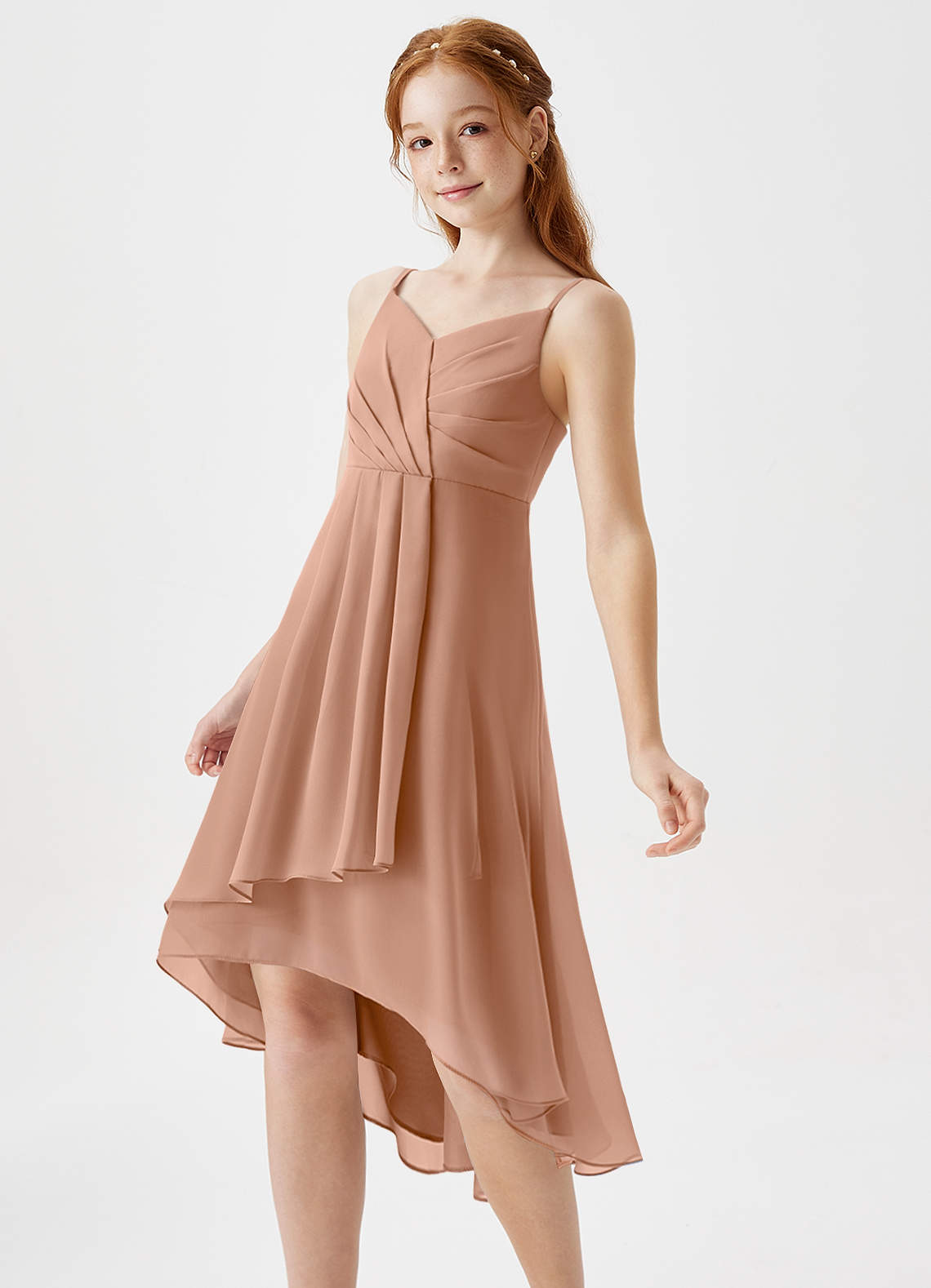 Azazie Mariam Junior Abito A-Line in Chiffon Plissettato Champagne Rosa image1