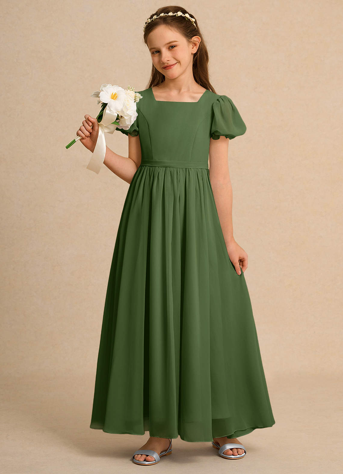 Azazie A-Line Square Neck Ankle-Length Chiffon Flower Girl Dresses - Olive