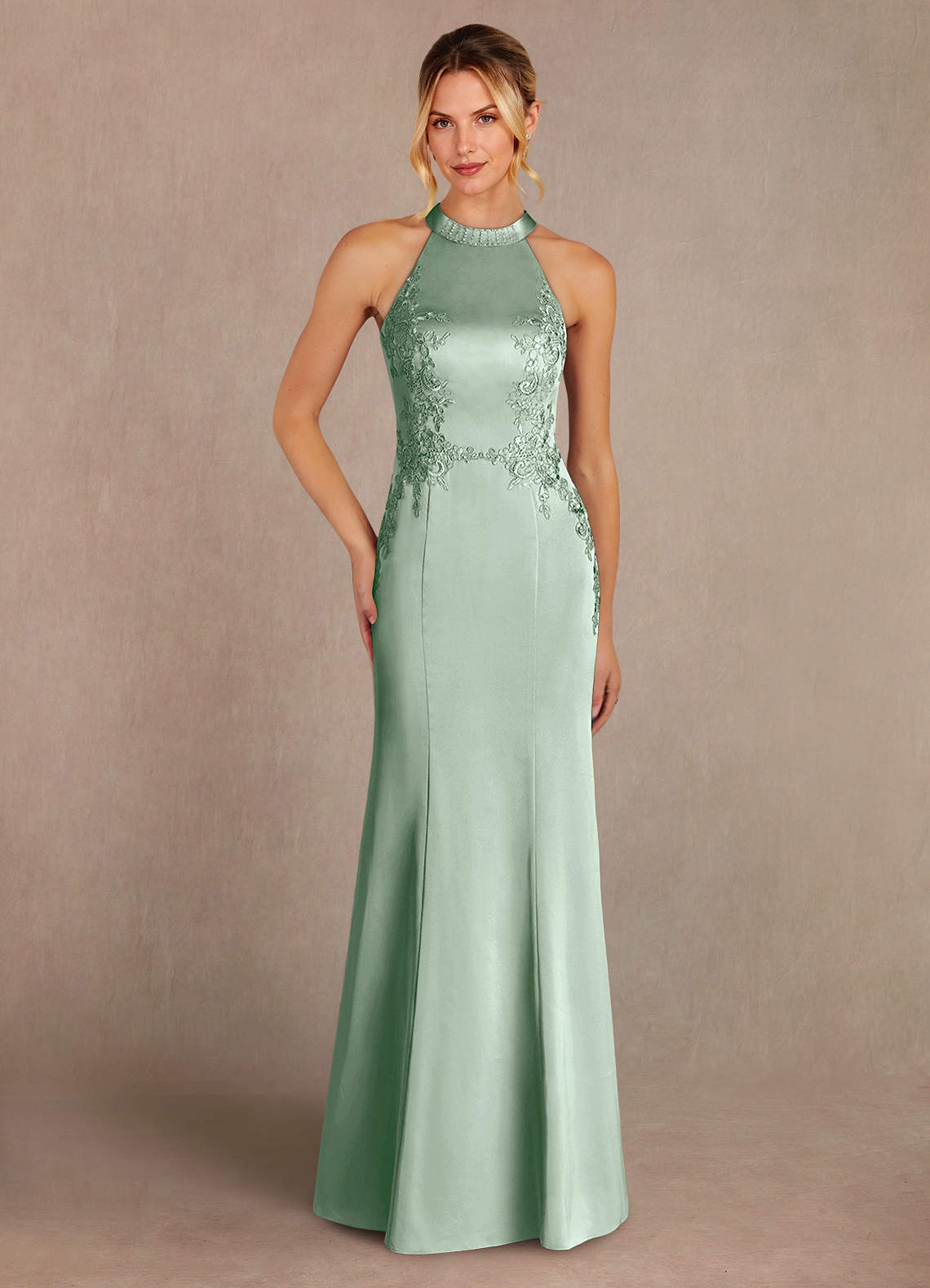 Azazie Tyra Mother of the Bride Dresses Agave Mermaid Lace Stretch Satin Dress image1