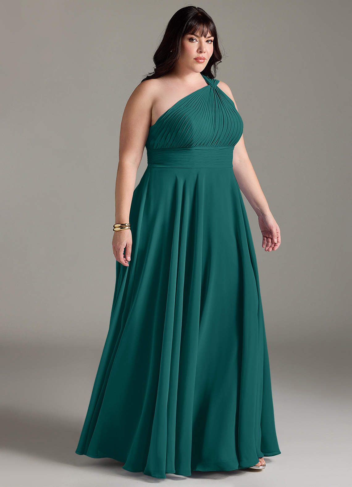 Azazie Charlize Abiti da Damigella Abito A-Line in Chiffon Monospalla Verde Pavone image9