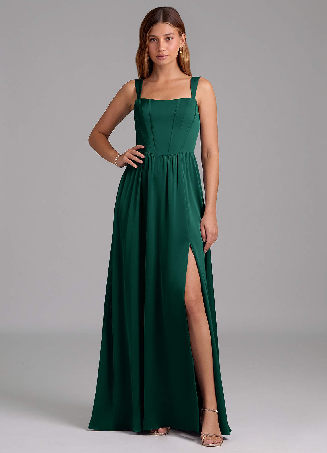 Azazie Rosaline Bridesmaid Dresses Emerald A-Line Side Slit Stretch Satin Dress image1
