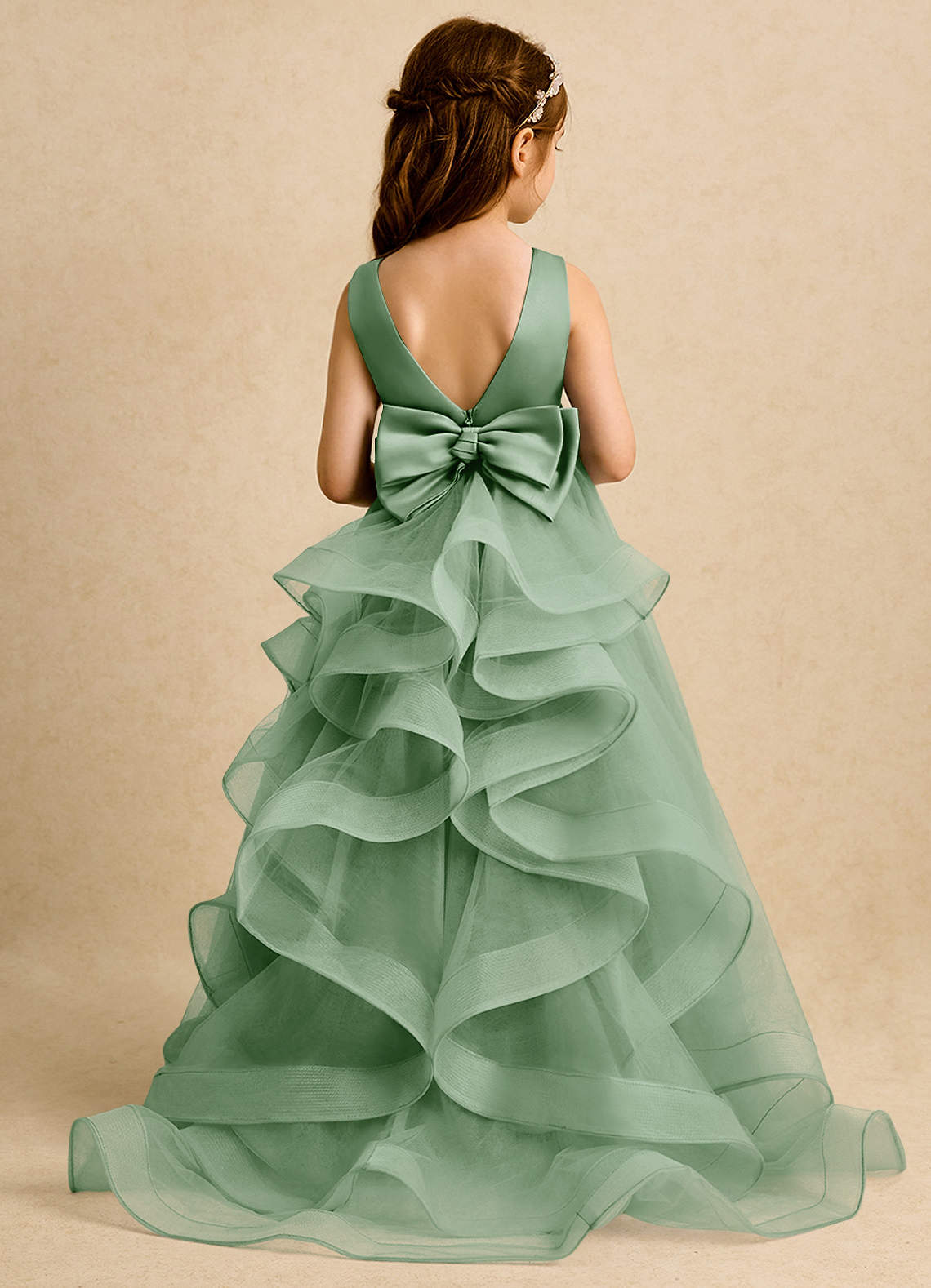Azazie Lior Robe Demoiselle D'honneur Fillette Robe Princesse en Tulle Plissée Matcha image1