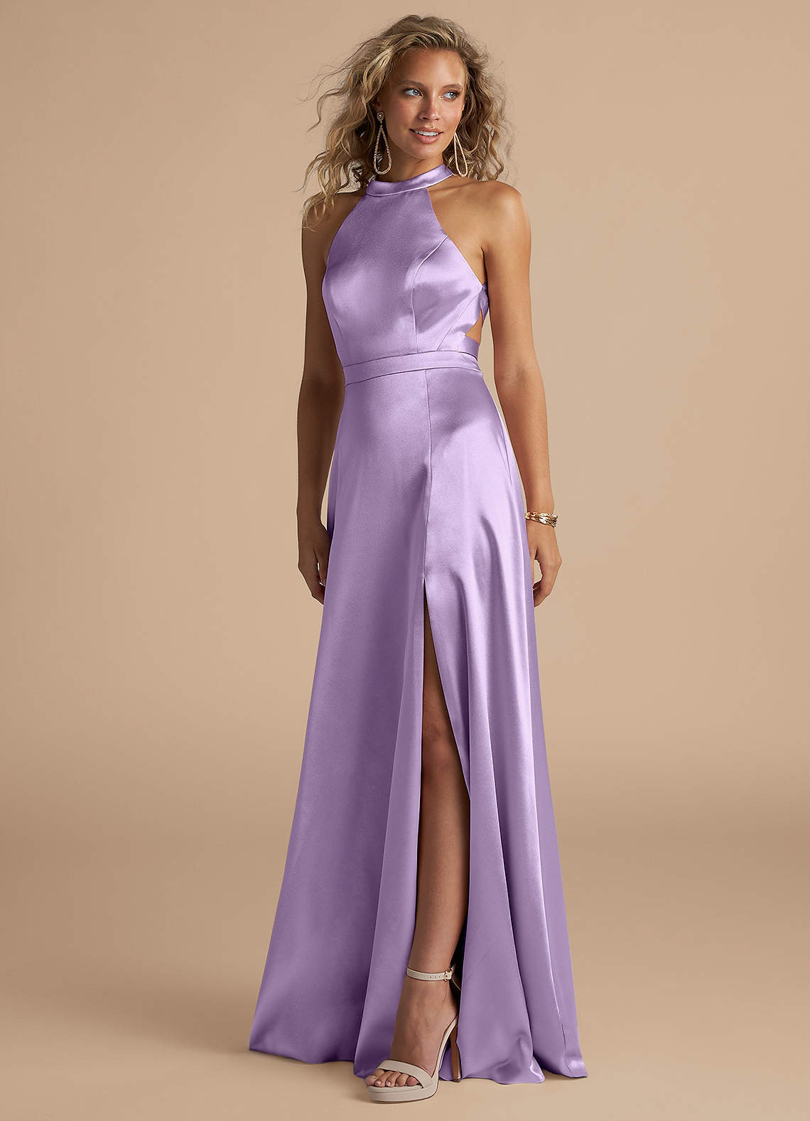Azazie Clarice Bridesmaid Dresses Lilac A-Line High Neck Metallic Satin Dress image1