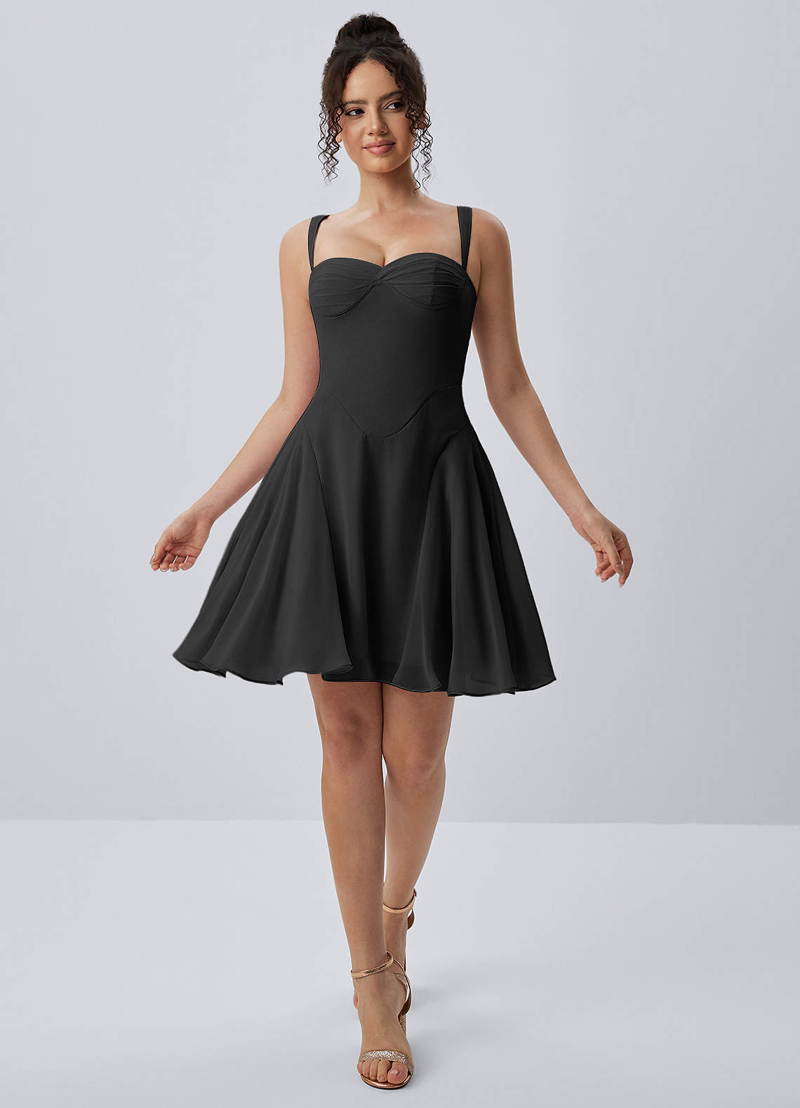 Isadora Black Spaghetti Strap Chiffon Lace-Up Skater Mini Dress