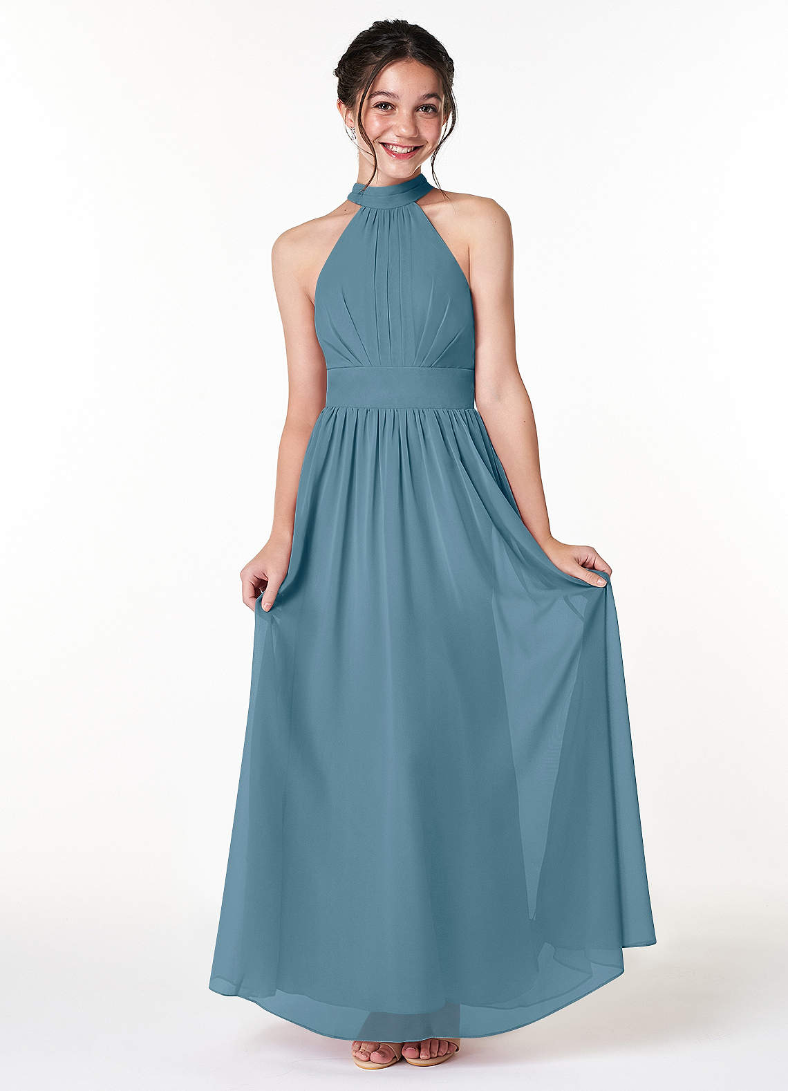 Azazie Iman Junior Abito A-Line in Chiffon Plissettato Bermuda image1