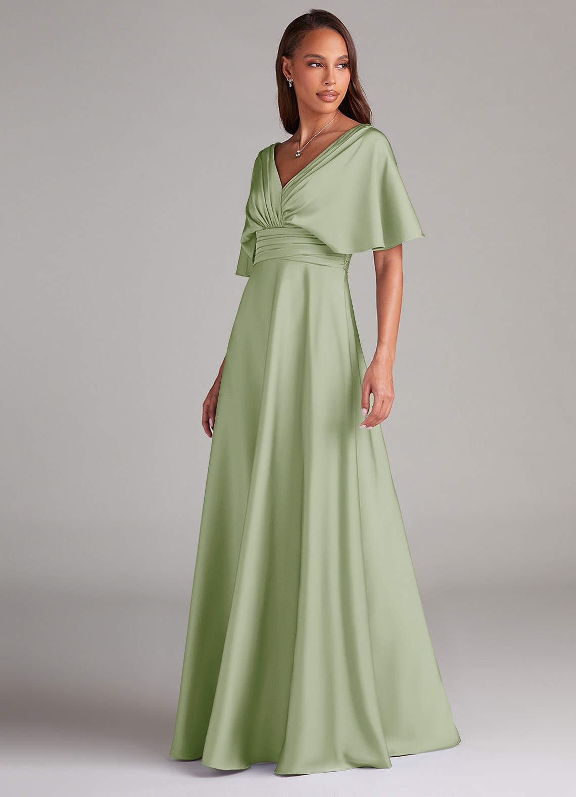 Azazie Pamela Robes de demoiselle d'honneur Robe Trapèze en Satin extensible Plissée Vert Sauge image3