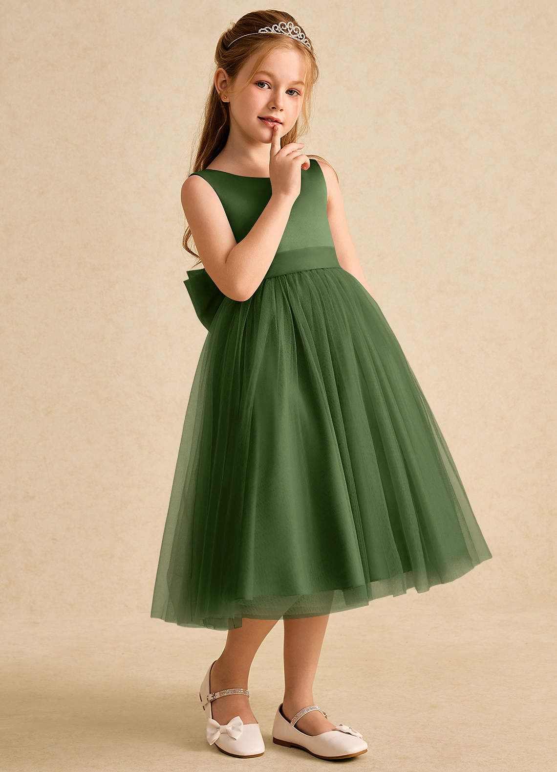 Azazie Winnie Robe Demoiselle D'honneur Fillette Robe Princesse en Tulle Arc Olive image5
